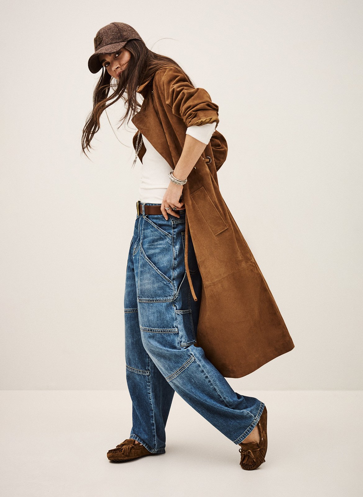 Manteau droit col à rabat en cuir velours matte BA&SH Marron