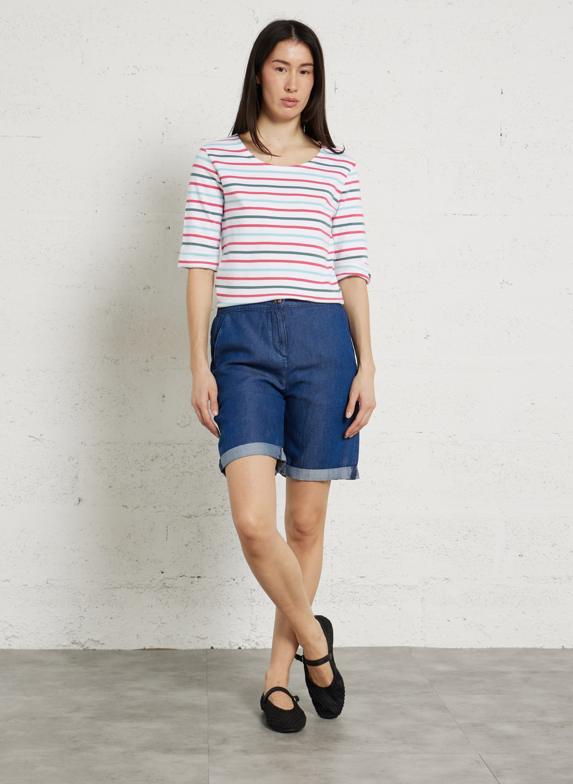 Tee-shirt col rond à rayures en coton ARMOR-LUX Blanc