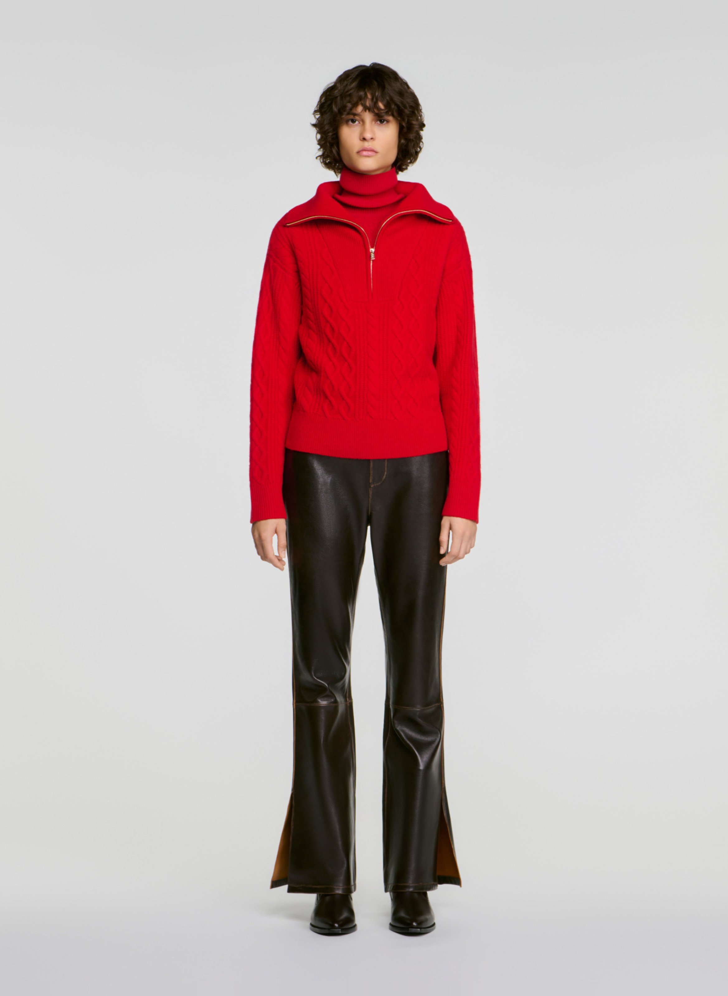 Pull ample col camionneur en laine SANDRO Rouge