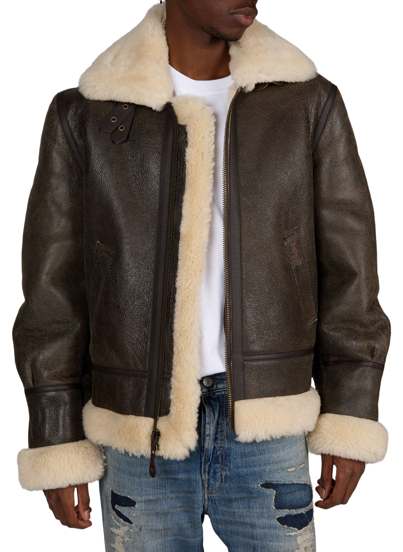 Sheepskin leather bomber jacket SCHOTT Brown