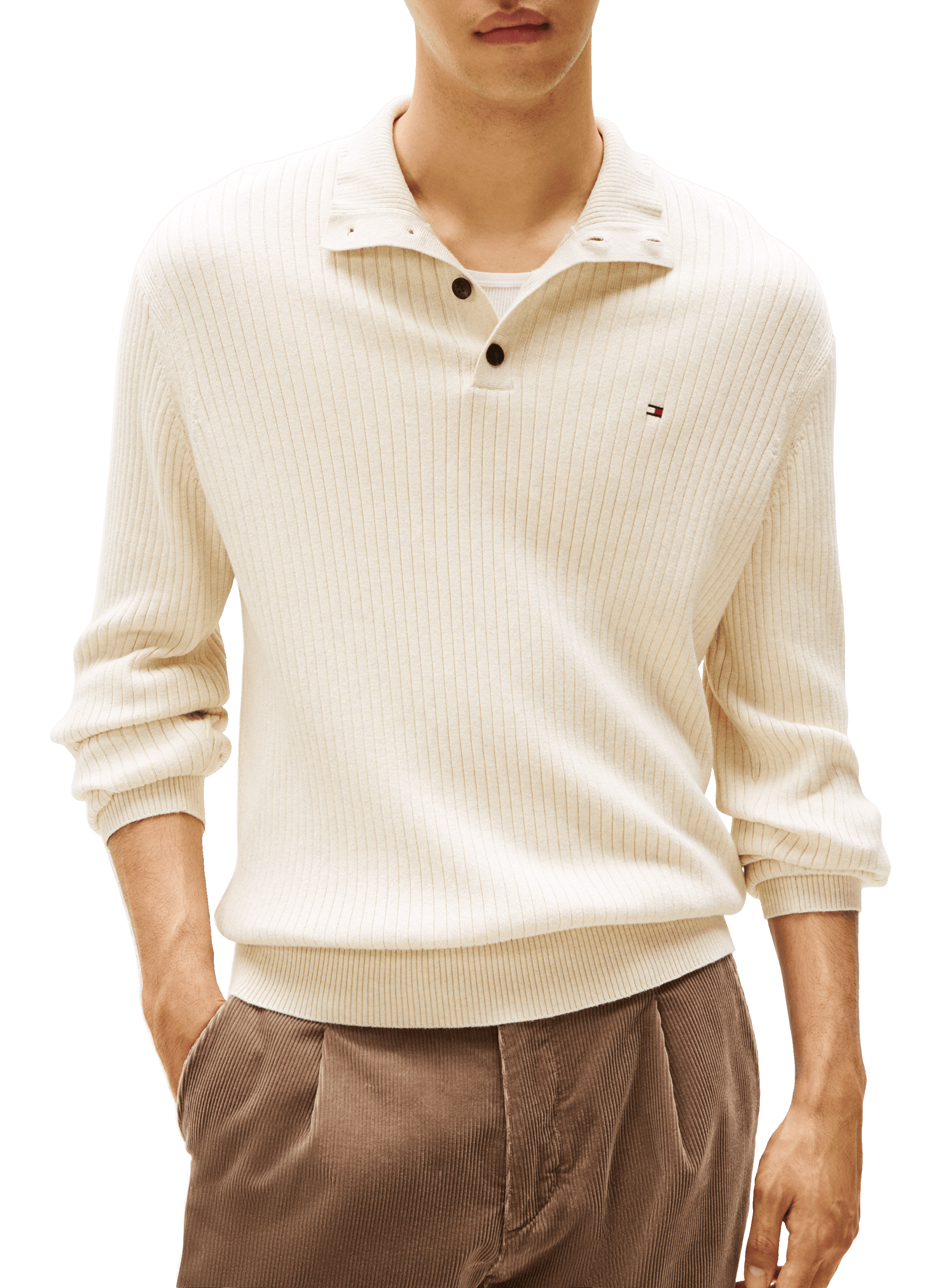 TOMMY HILFIGER Pull col boutonné en coton et cachemire Beige