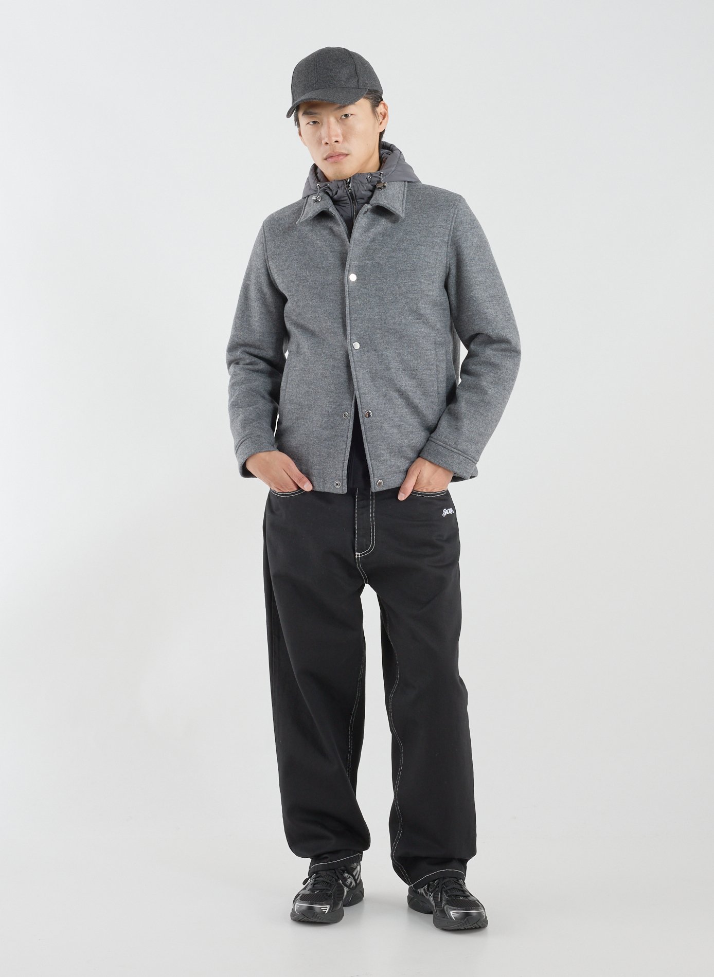 Hooded jacket in blended wool and cotton. WOOLRICH Grey