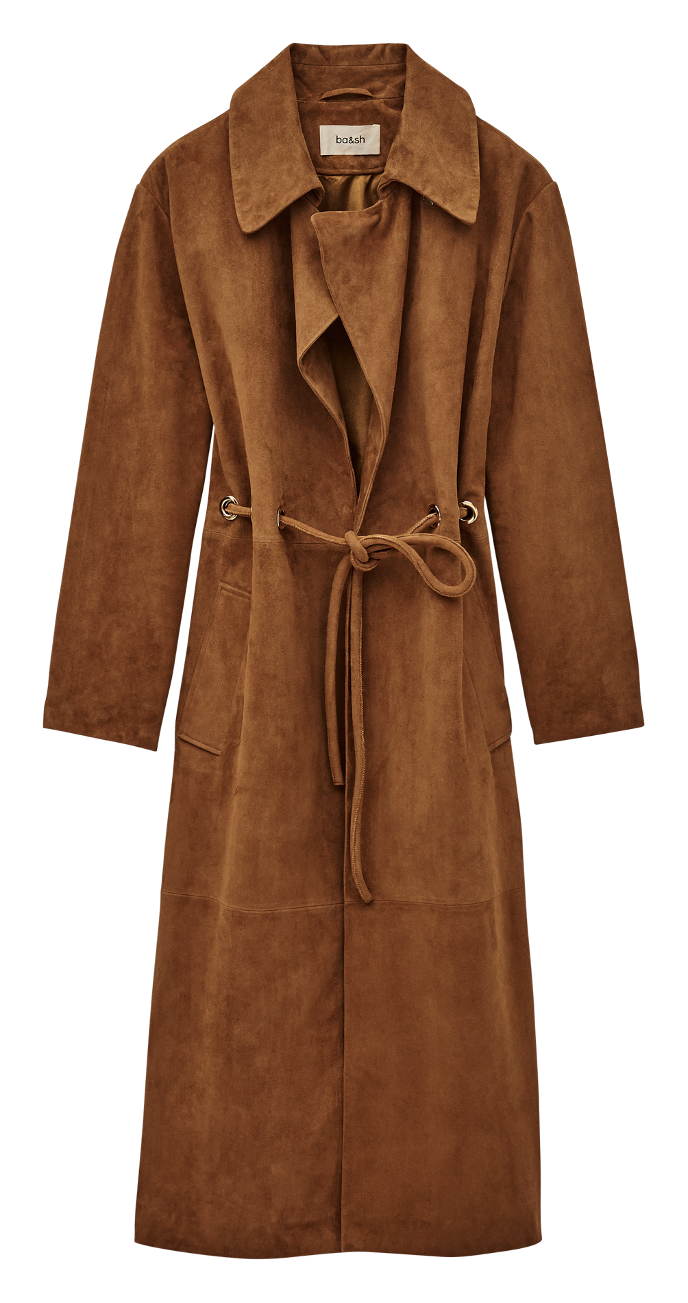 Manteau droit col à rabat en cuir velours matte BA&SH Marron