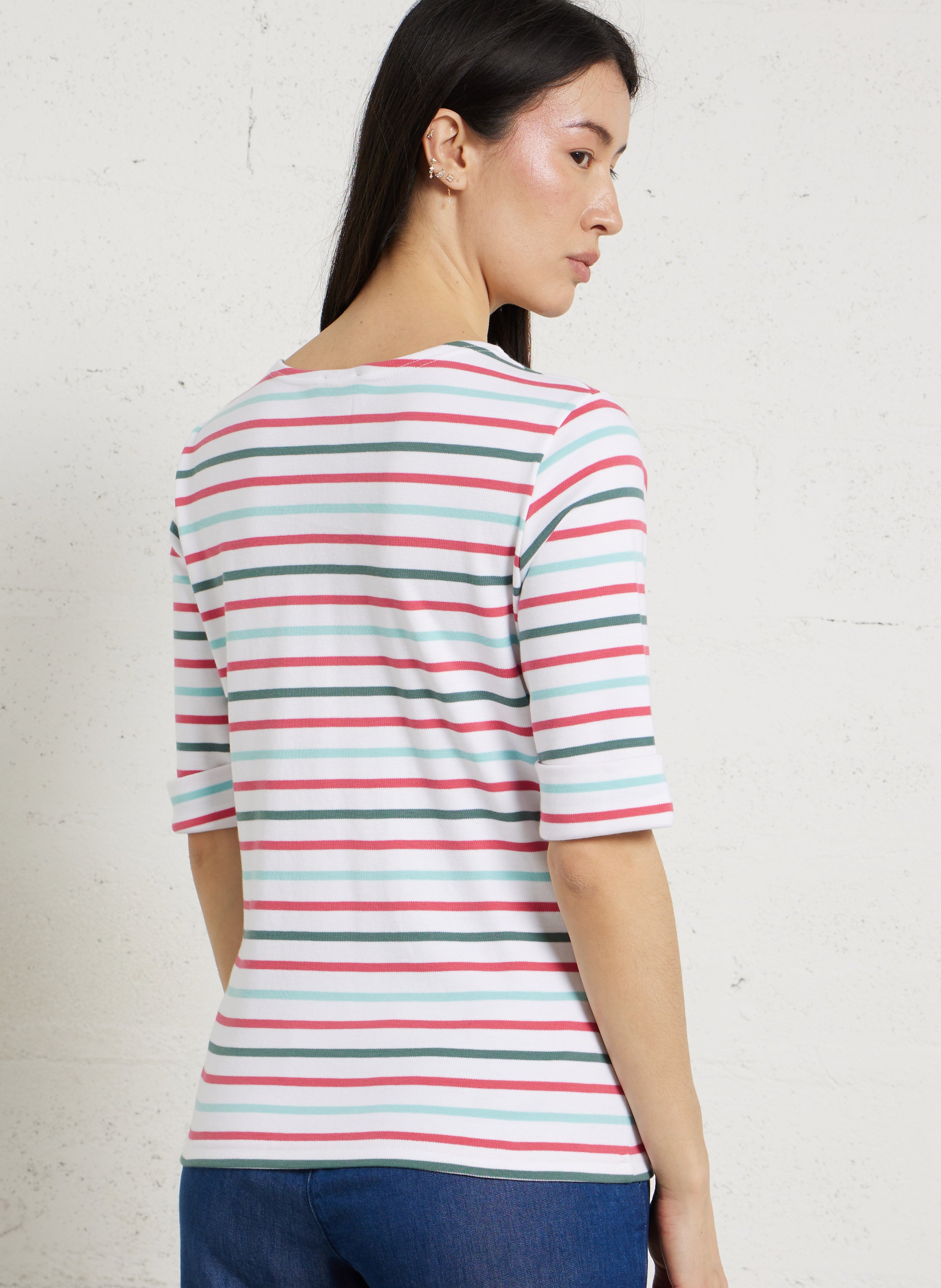 Tee-shirt col rond à rayures en coton ARMOR-LUX Blanc