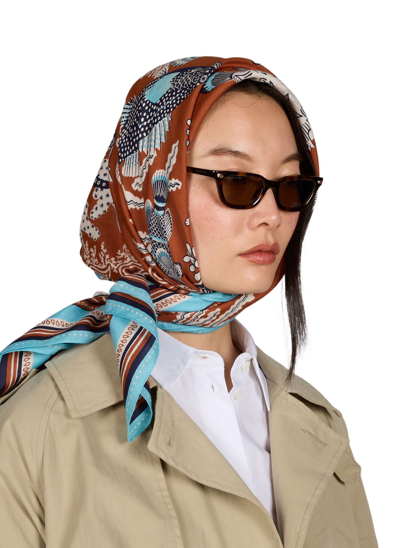 Foulard carré Neptune en coton et soie INOUITOOSH Marron