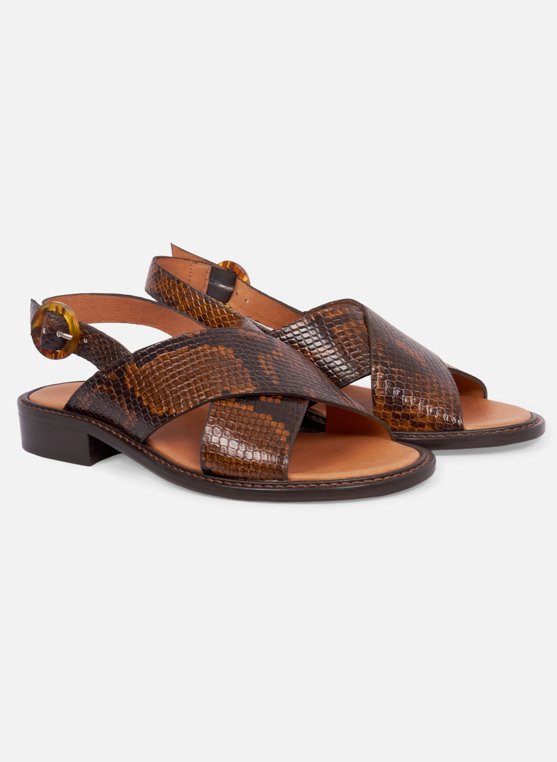 Sandales plates boucle écaille cuir imprimé JULES & JENN Marron