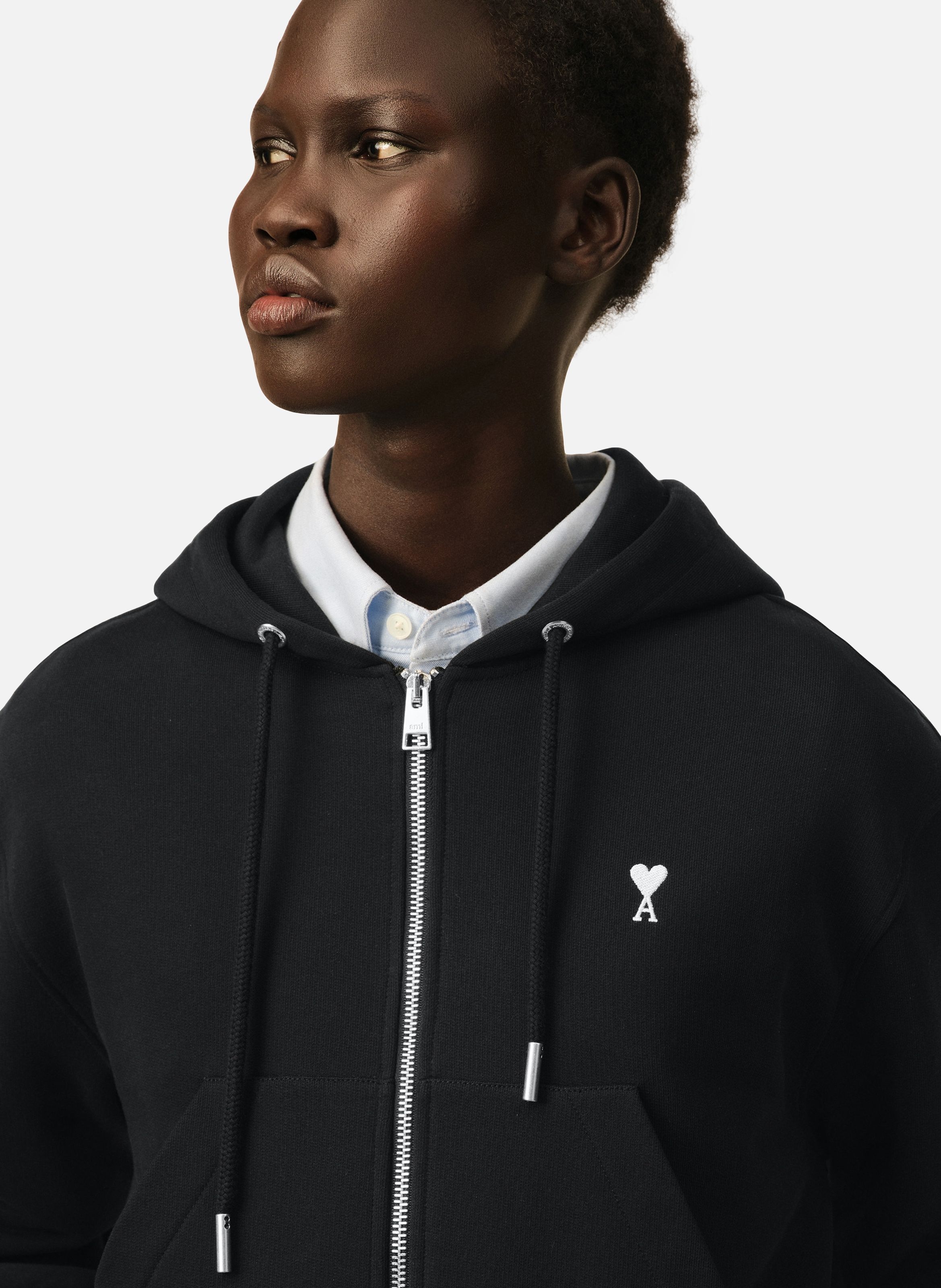 Hoodie zippé en coton ami de coeur AMI PARIS Noir
