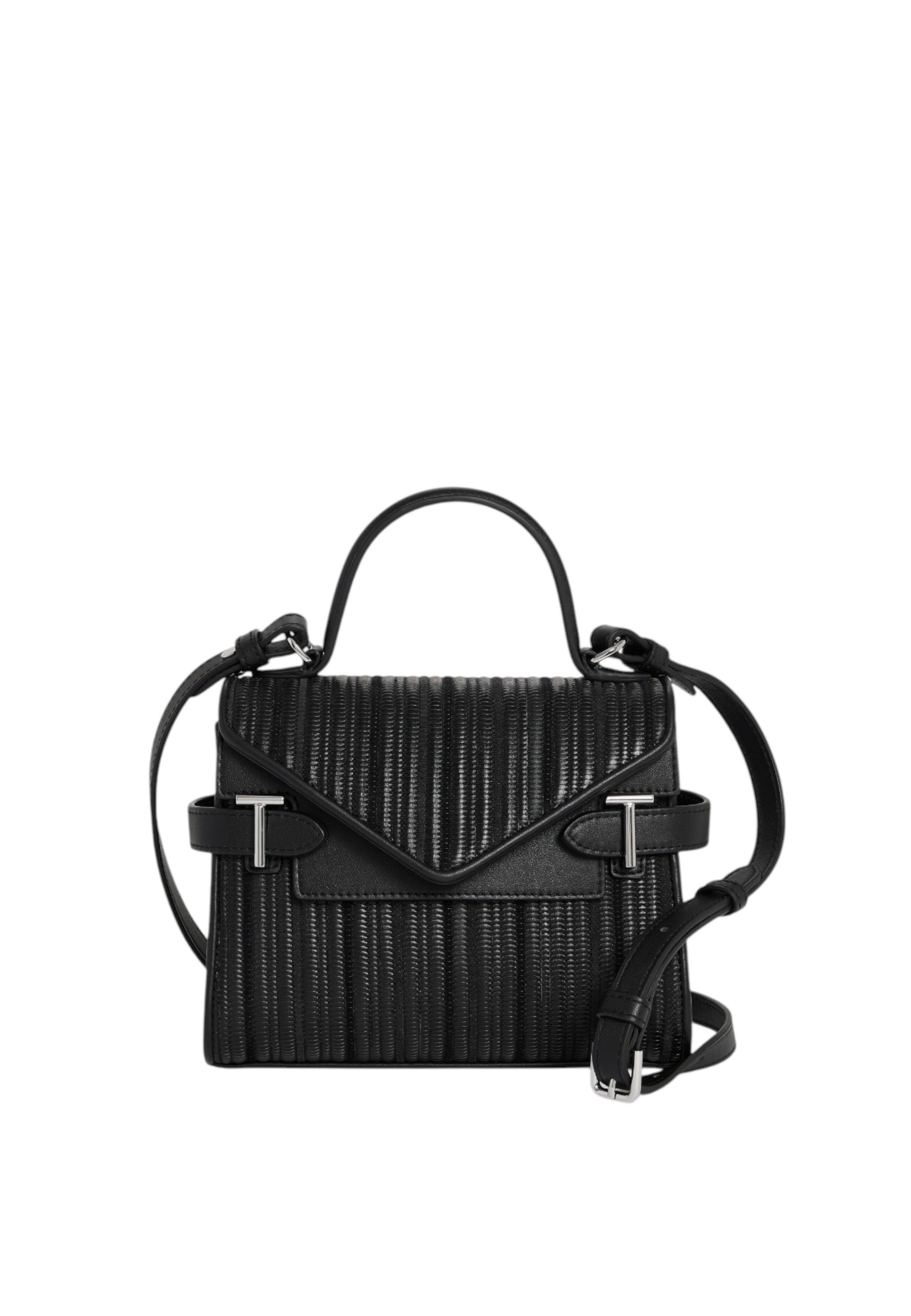 Petit sac à main double rabat emilie en cuir tressé réemployé LE TANNEUR Noir
