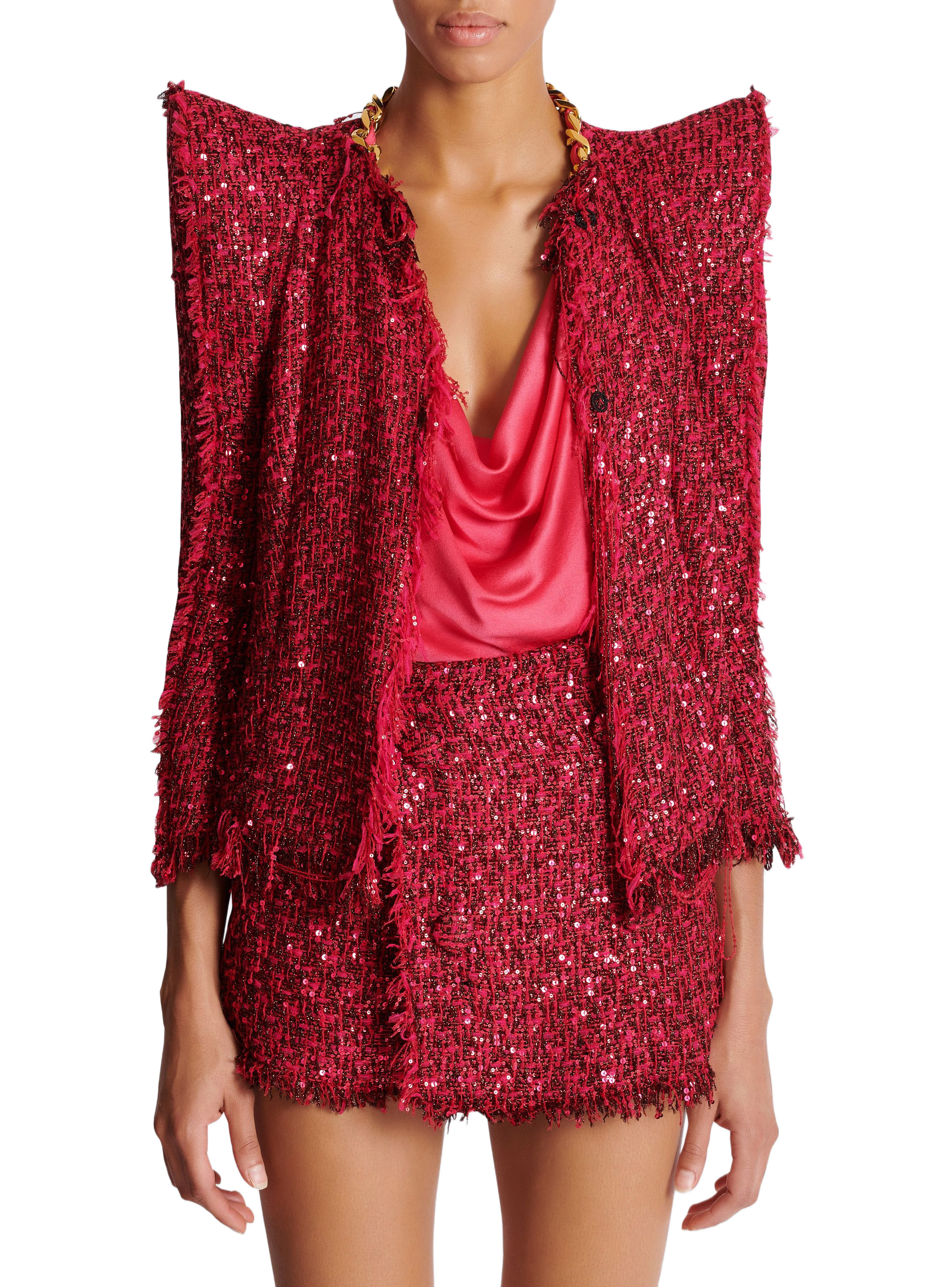 Veste bord à bord en tweed à sequins BALMAIN Rose