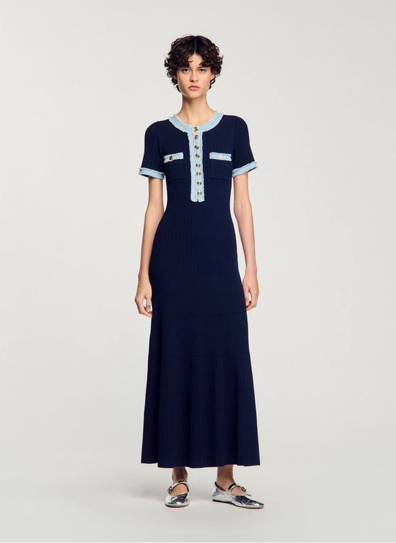 Robe midi col rond en maille et denim Bleu by SANDRO SANDRO Robe midi col rond en maille et denim Bleu