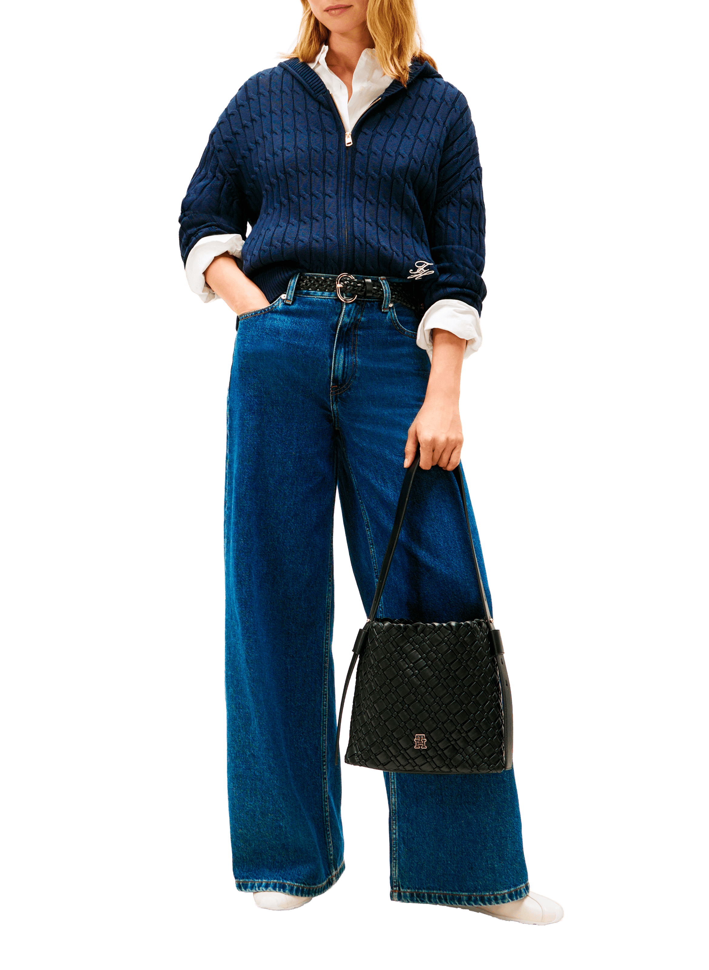 Gilet droit zippé à capuche en maille de coton TOMMY HILFIGER Bleu