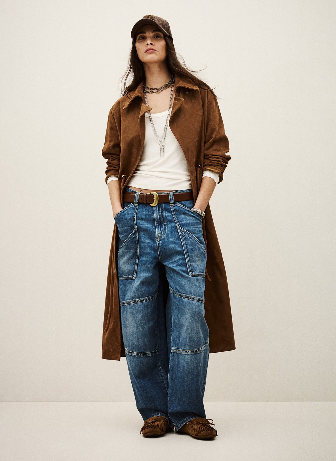 Manteau droit col à rabat en cuir velours matte BA&SH Marron