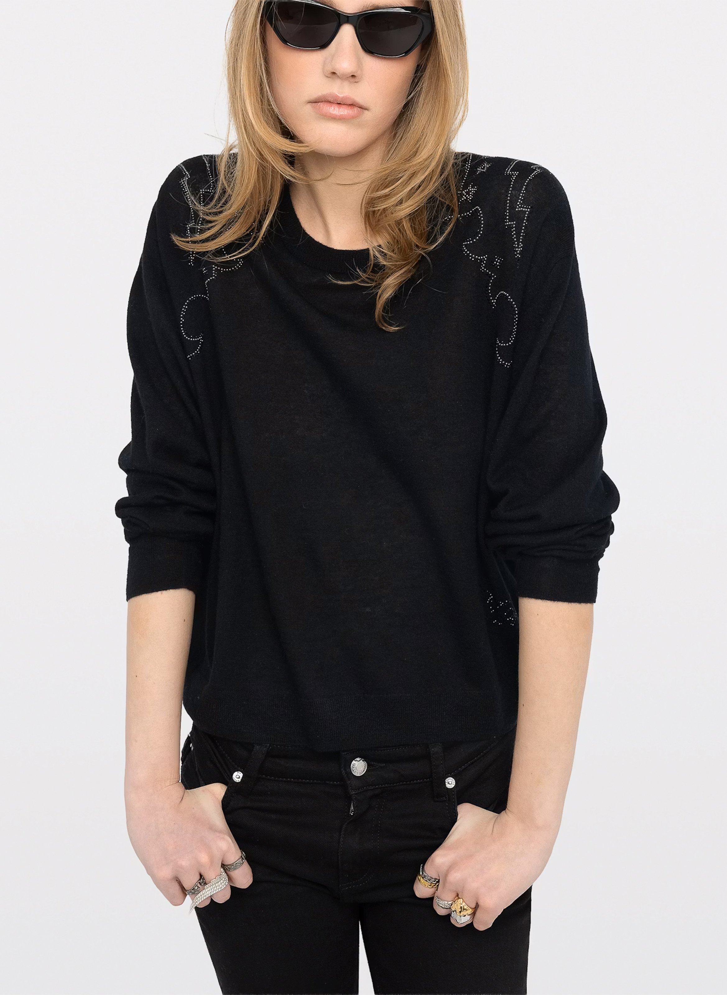 Sweat droit à strass en cachemire swapy ZADIG&VOLTAIRE Noir