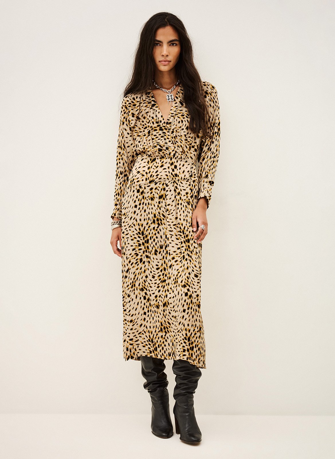 Midi jurk met V-hals en print hamy BA&SH Beige