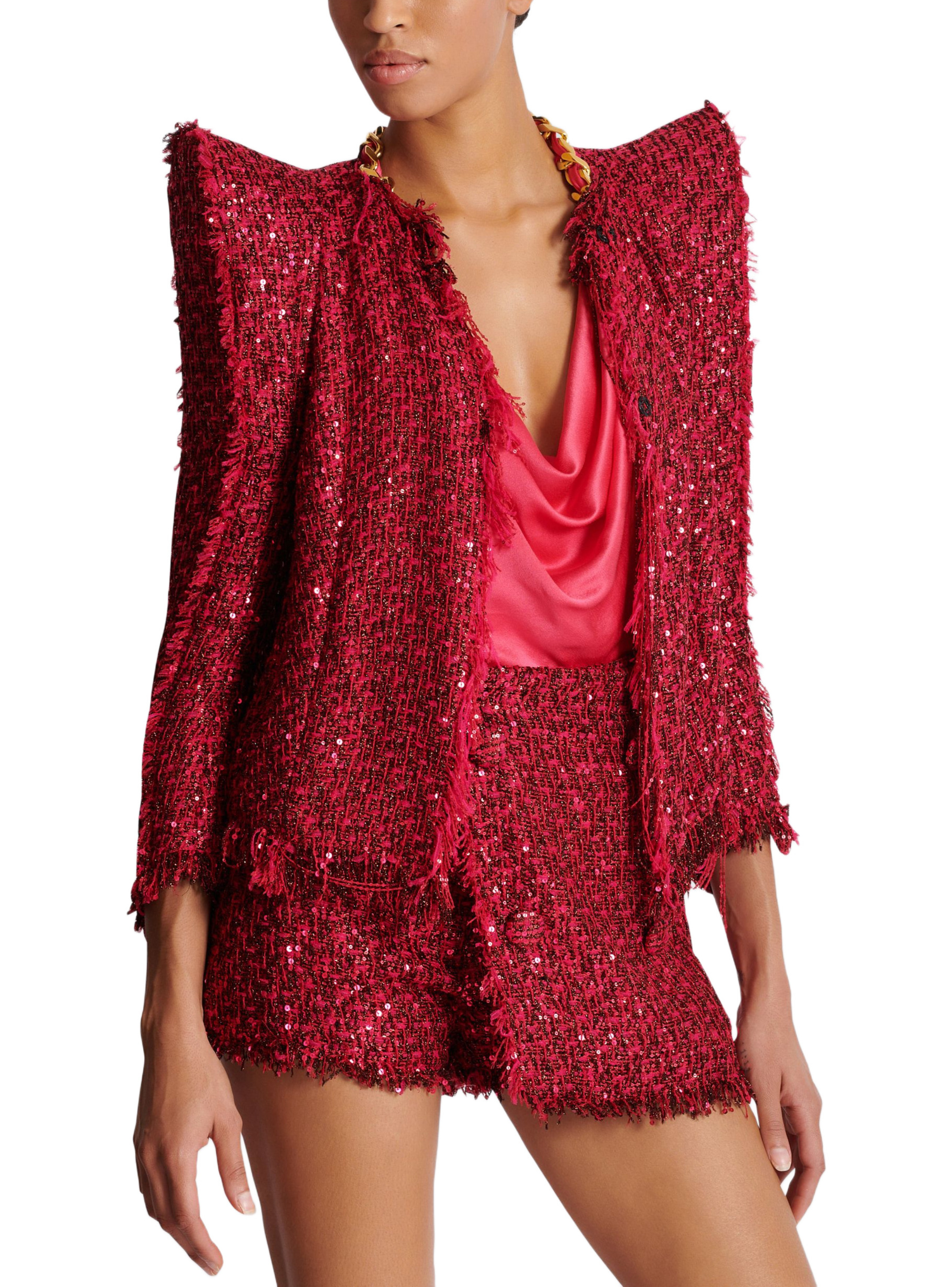 Veste bord à bord en tweed à sequins BALMAIN Rose
