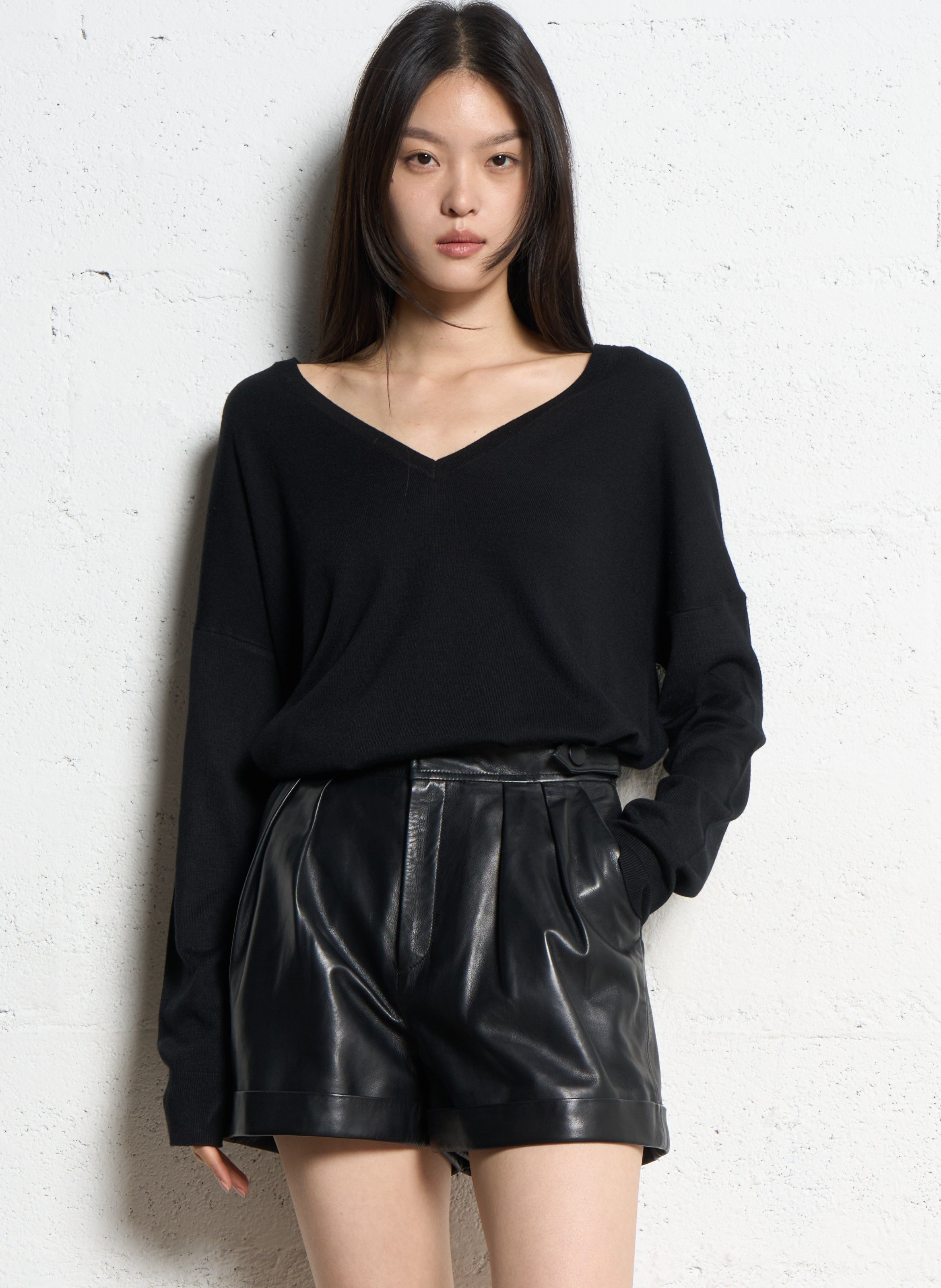 Pull droit col v en maille unie IKKS Noir