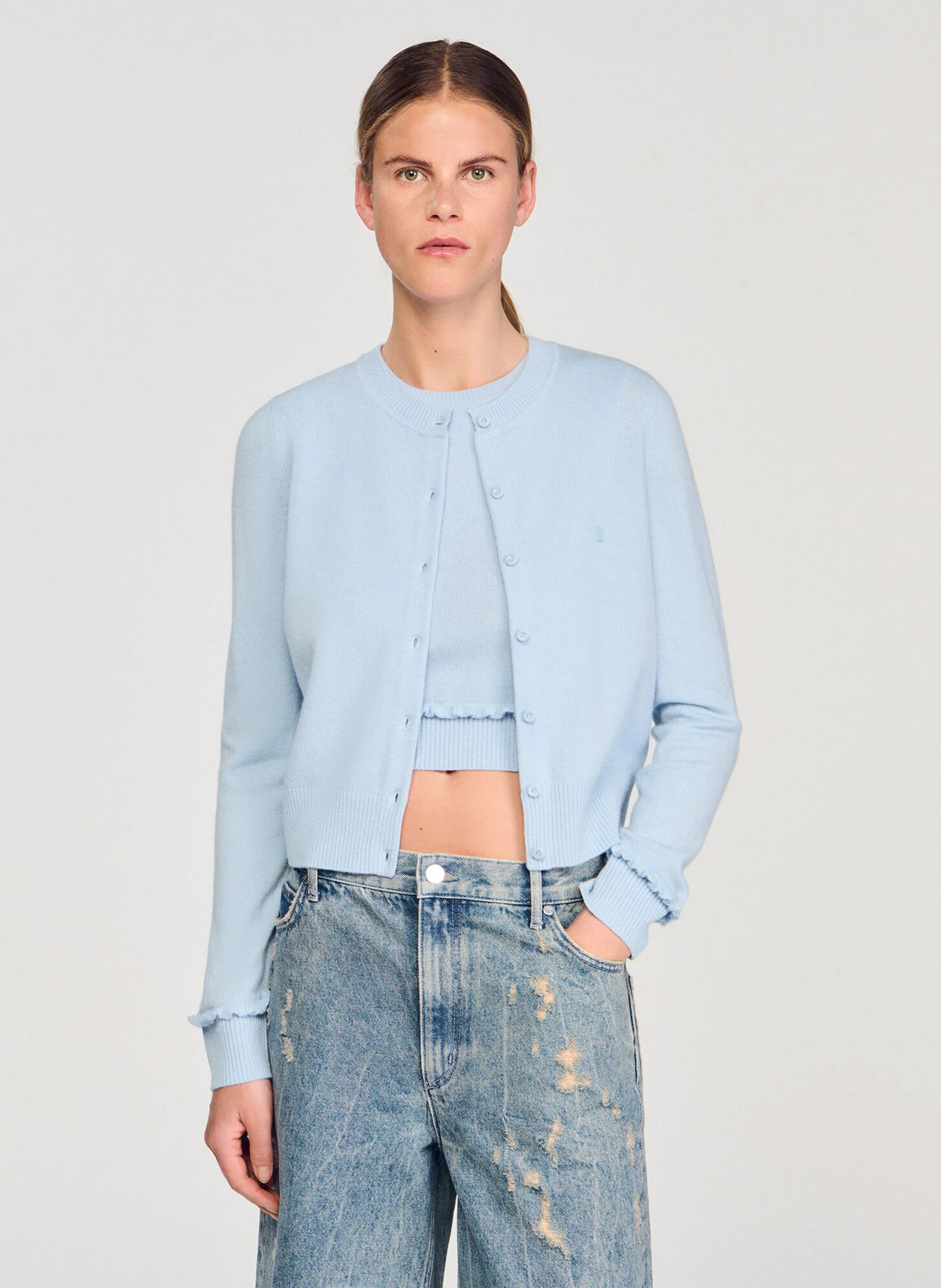 Gilet col rond en laine et en cachemire mélangés SANDRO Bleu