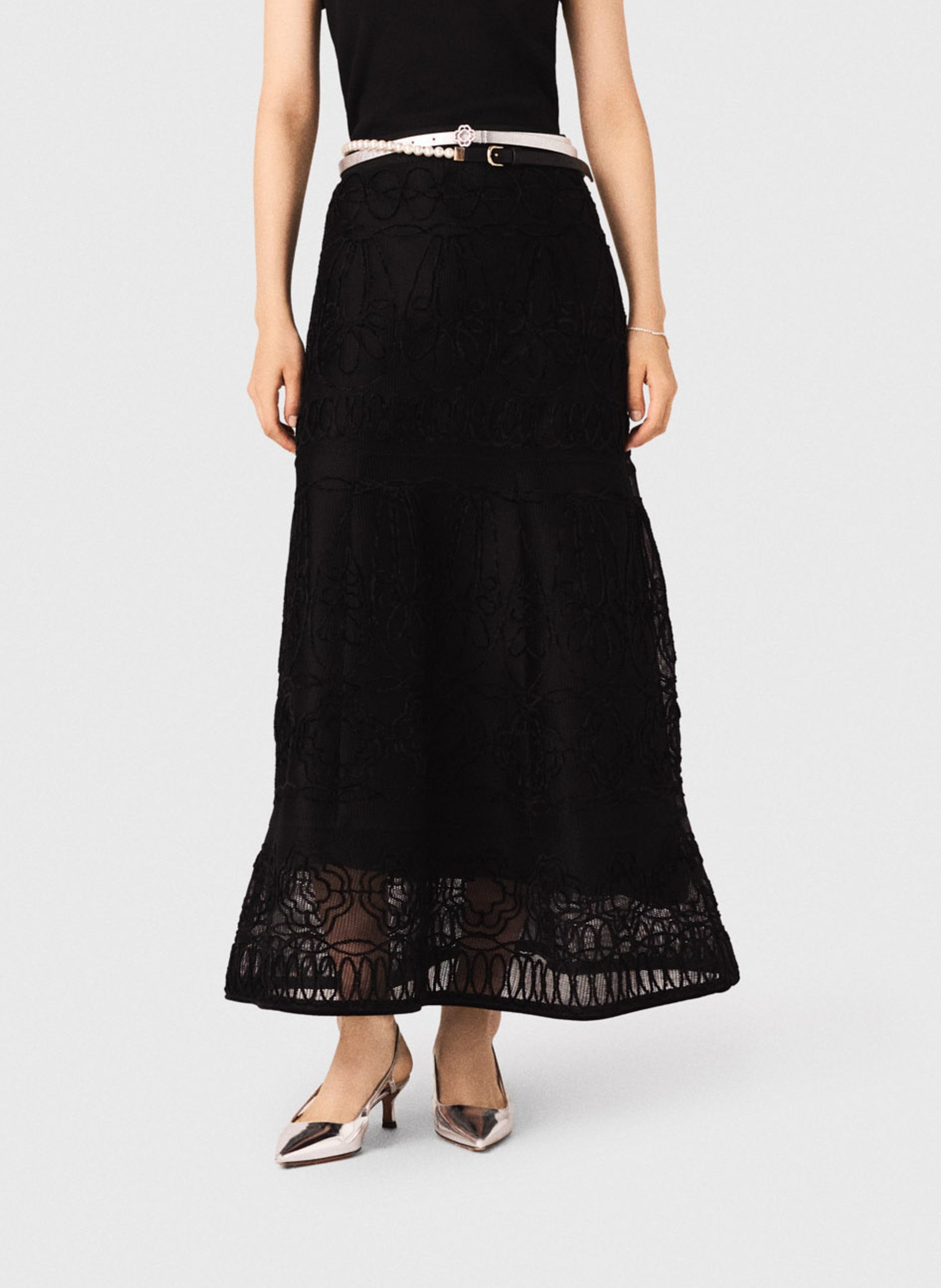 Jupe longue à broderies florales MAJE Noir