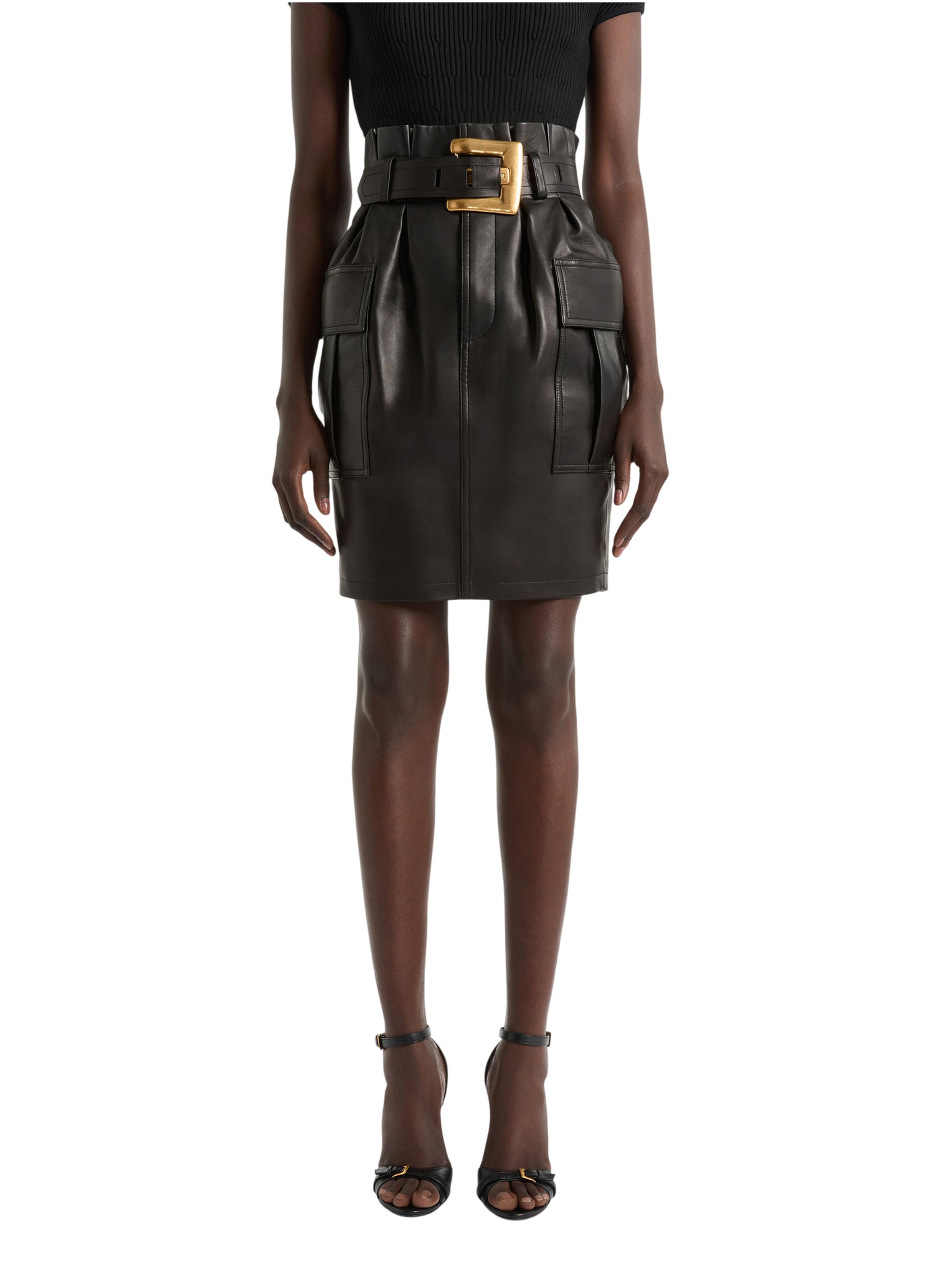 Jupe ceinturée en cuir d’agneau BALMAIN Noir