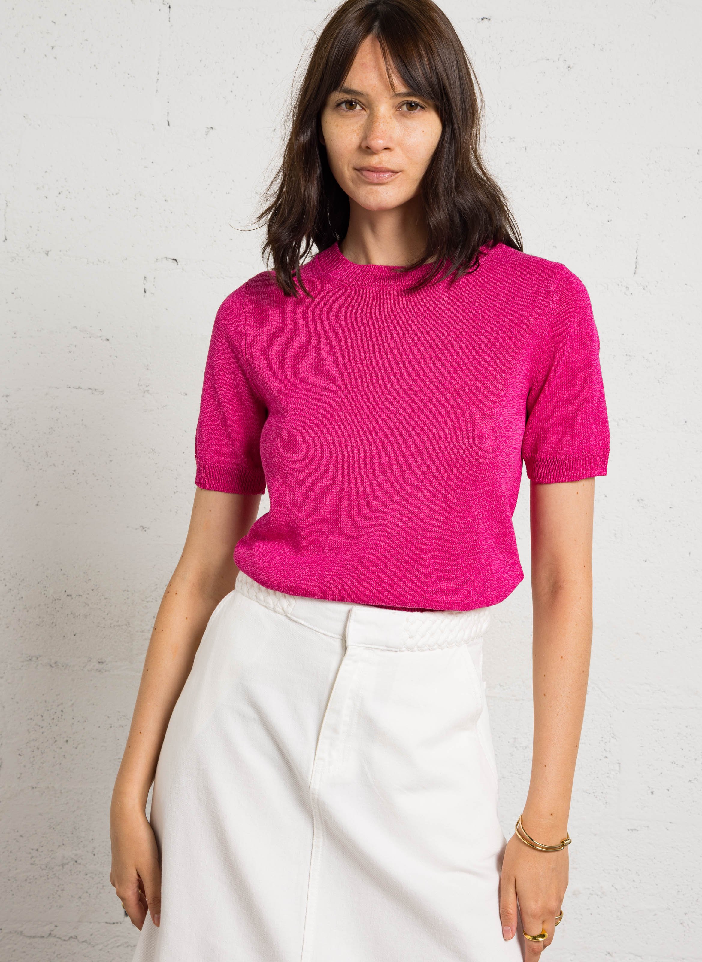 T-shirt col rond en coton mélangé amanda  Fuchsia