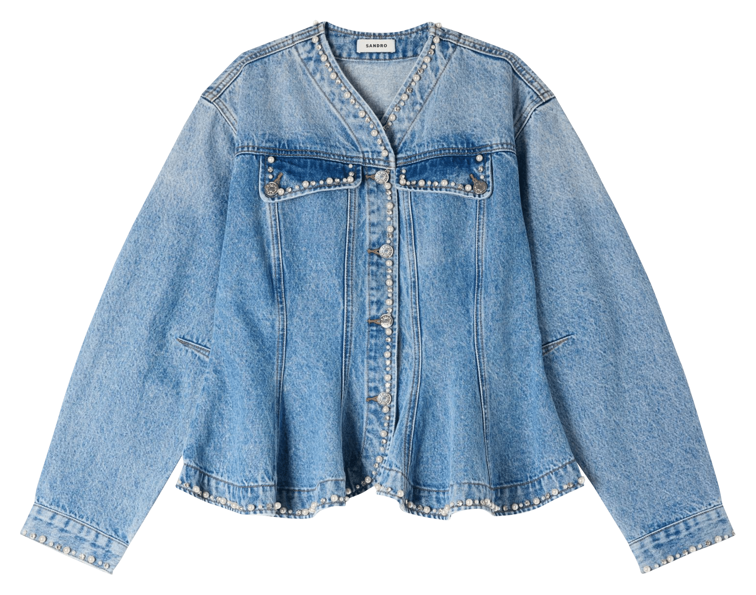 Blouson col v en denim de coton SANDRO Bleu