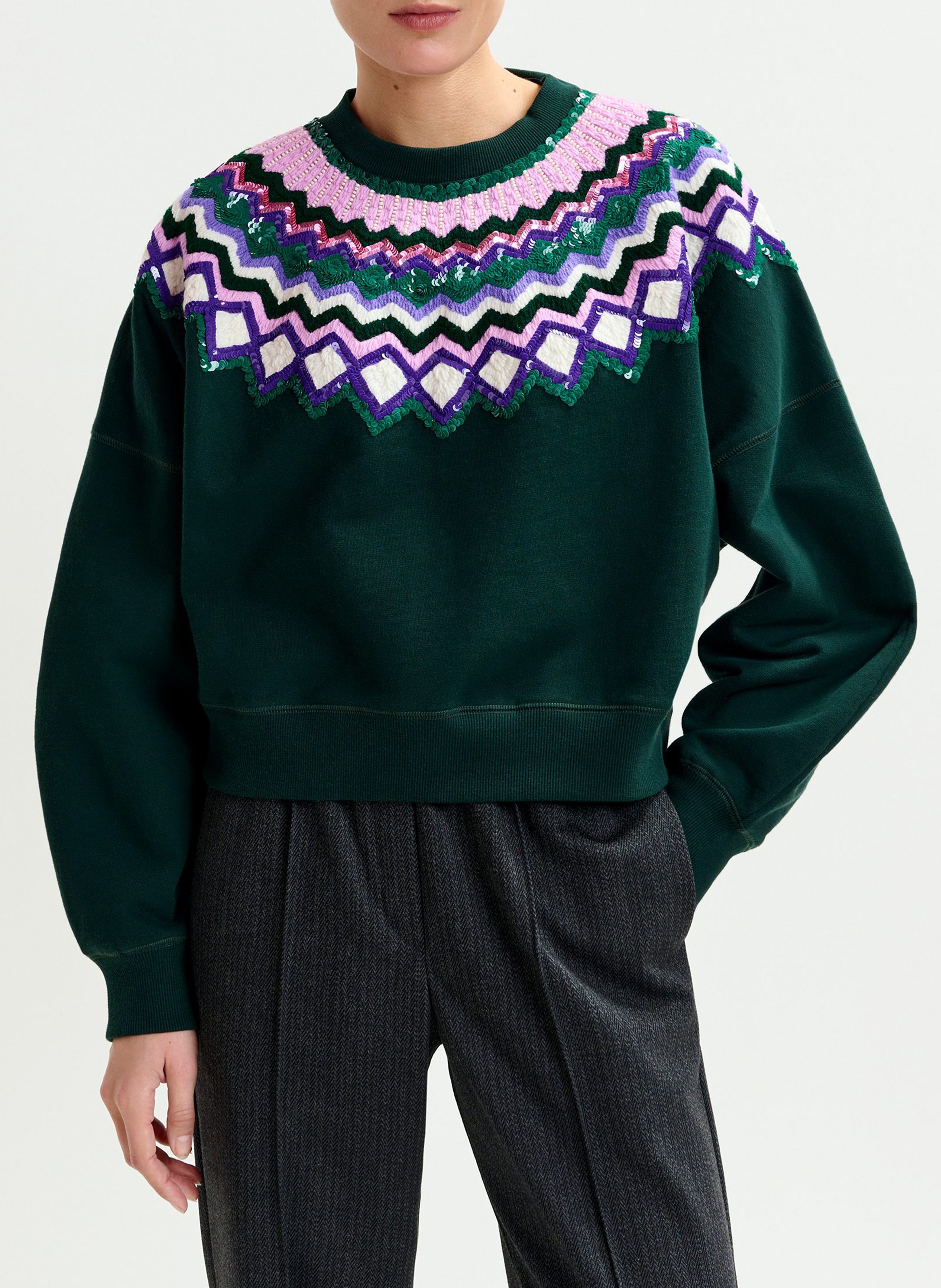 ESSENTIEL ANTWERP Pull col rond pailleté issu Vert