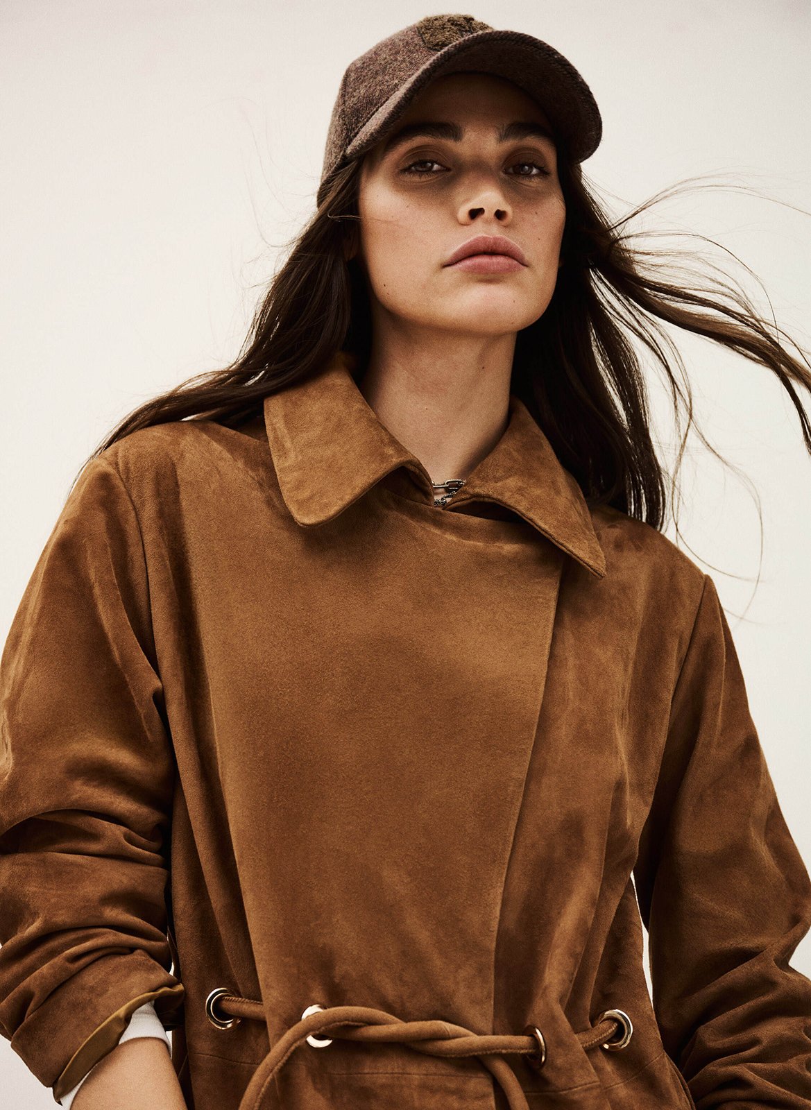 Manteau droit col à rabat en cuir velours matte BA&SH Marron