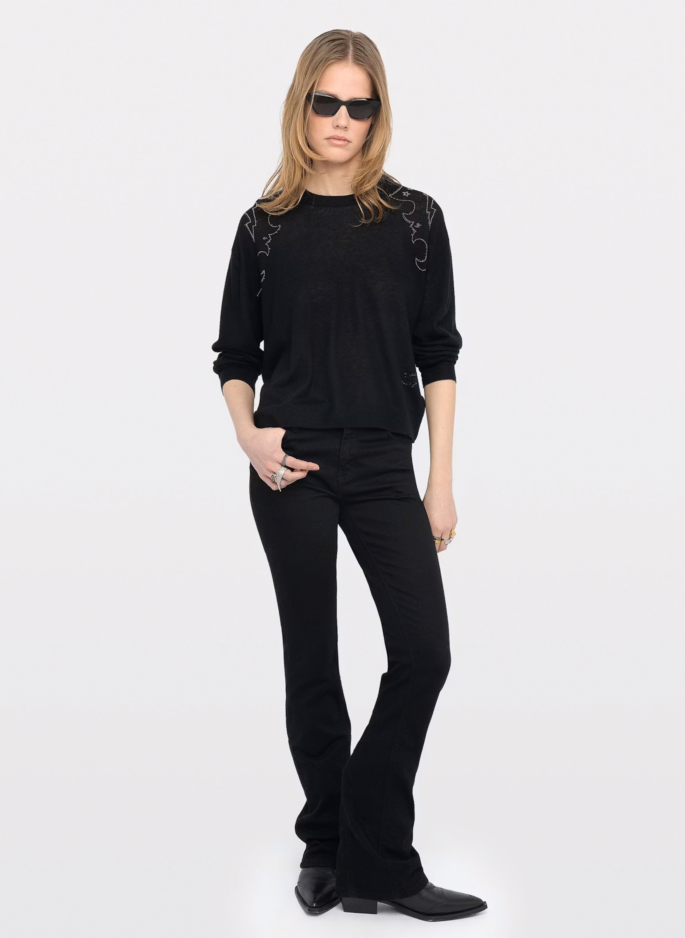 Sweat droit à strass en cachemire swapy ZADIG&VOLTAIRE Noir