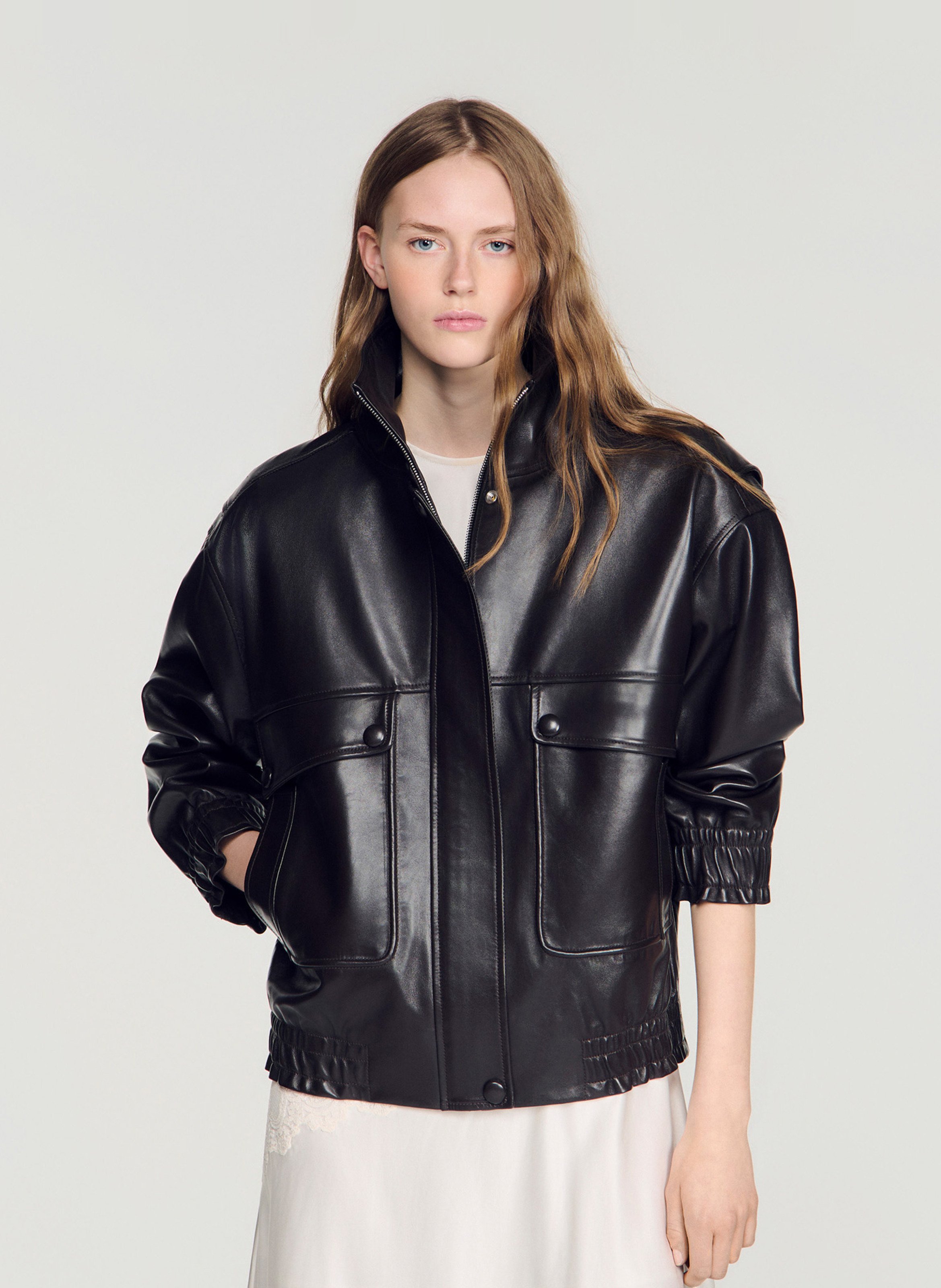 Veste en cuir col montant SANDRO Marron