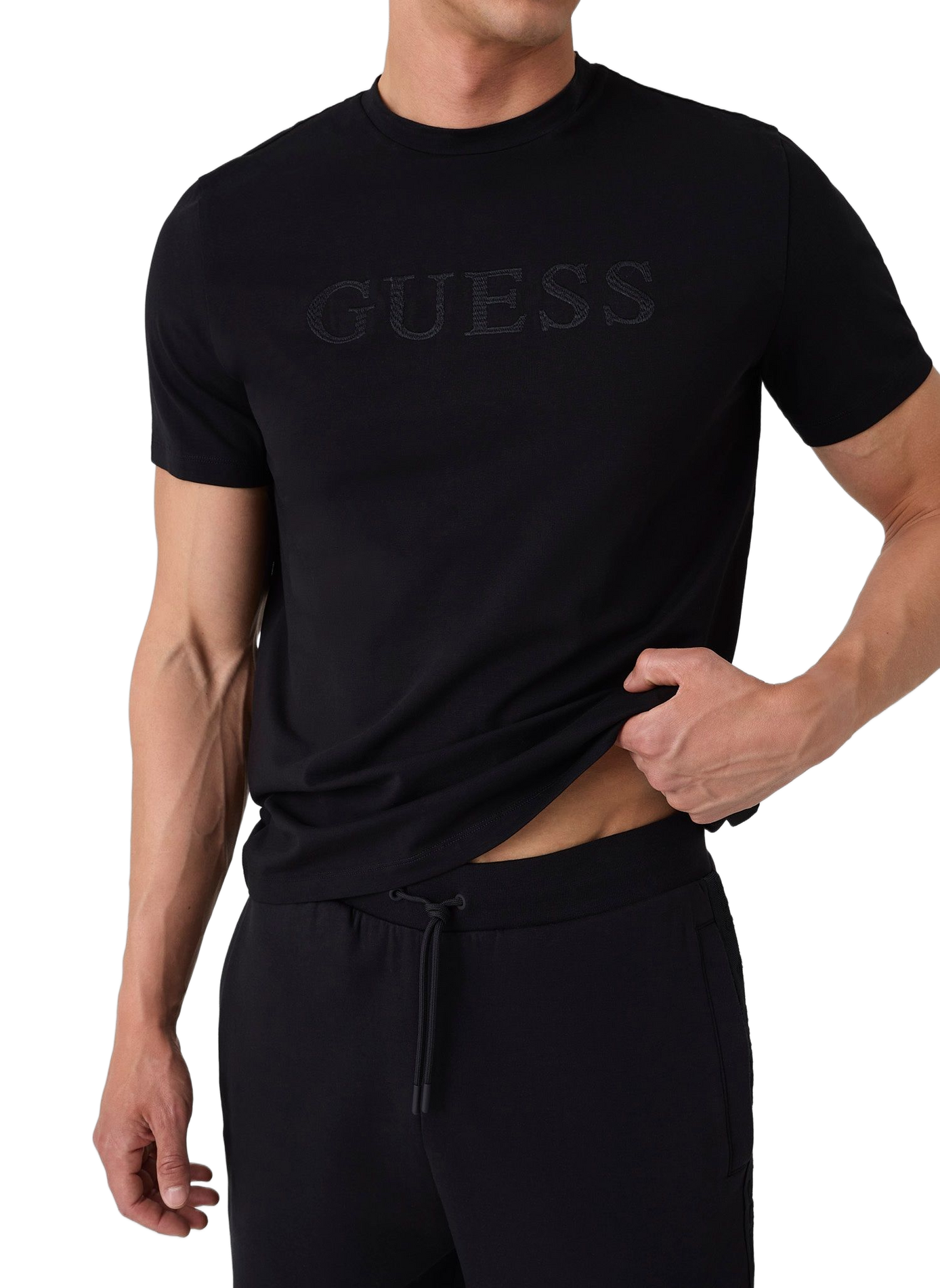 Round neck t-shirt with embroidered logo in blended cotton GUESS Black