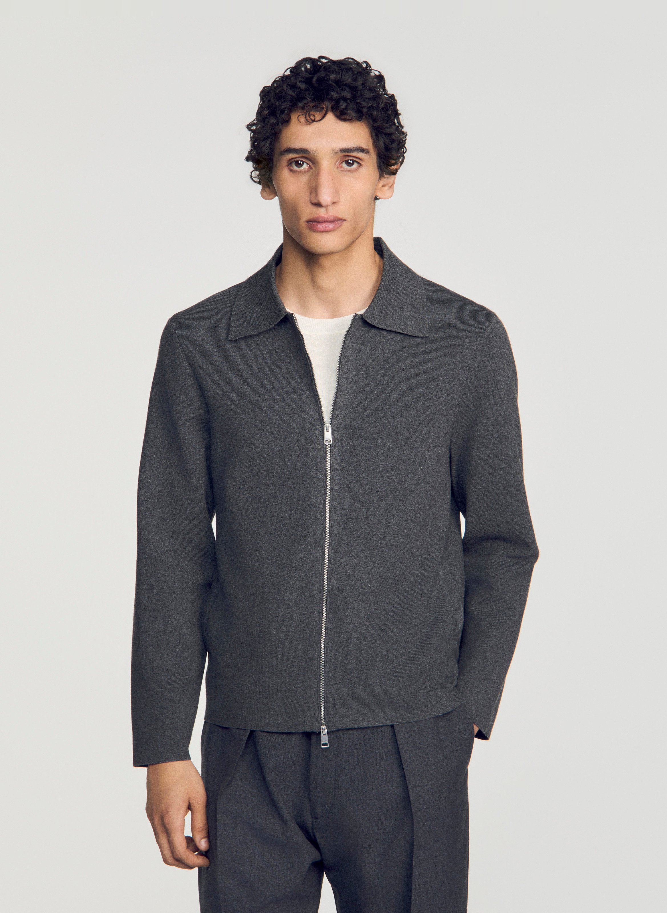 Cardigan droit zippé uni SANDRO Gris