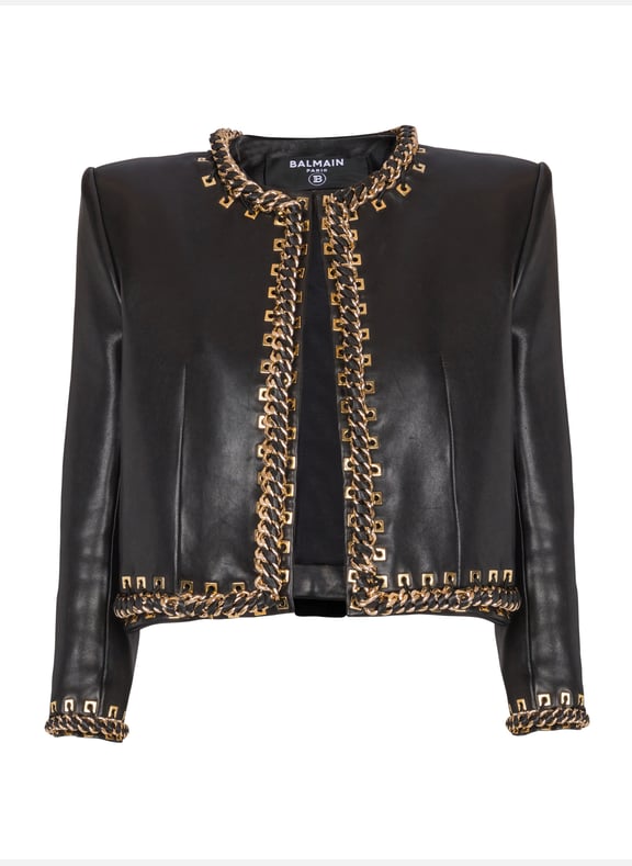 Veste bord à bord en cuir d'agneau avec chaînes Noir by BALMAIN BALMAIN Veste bord à bord en cuir d'agneau avec chaînes Noir