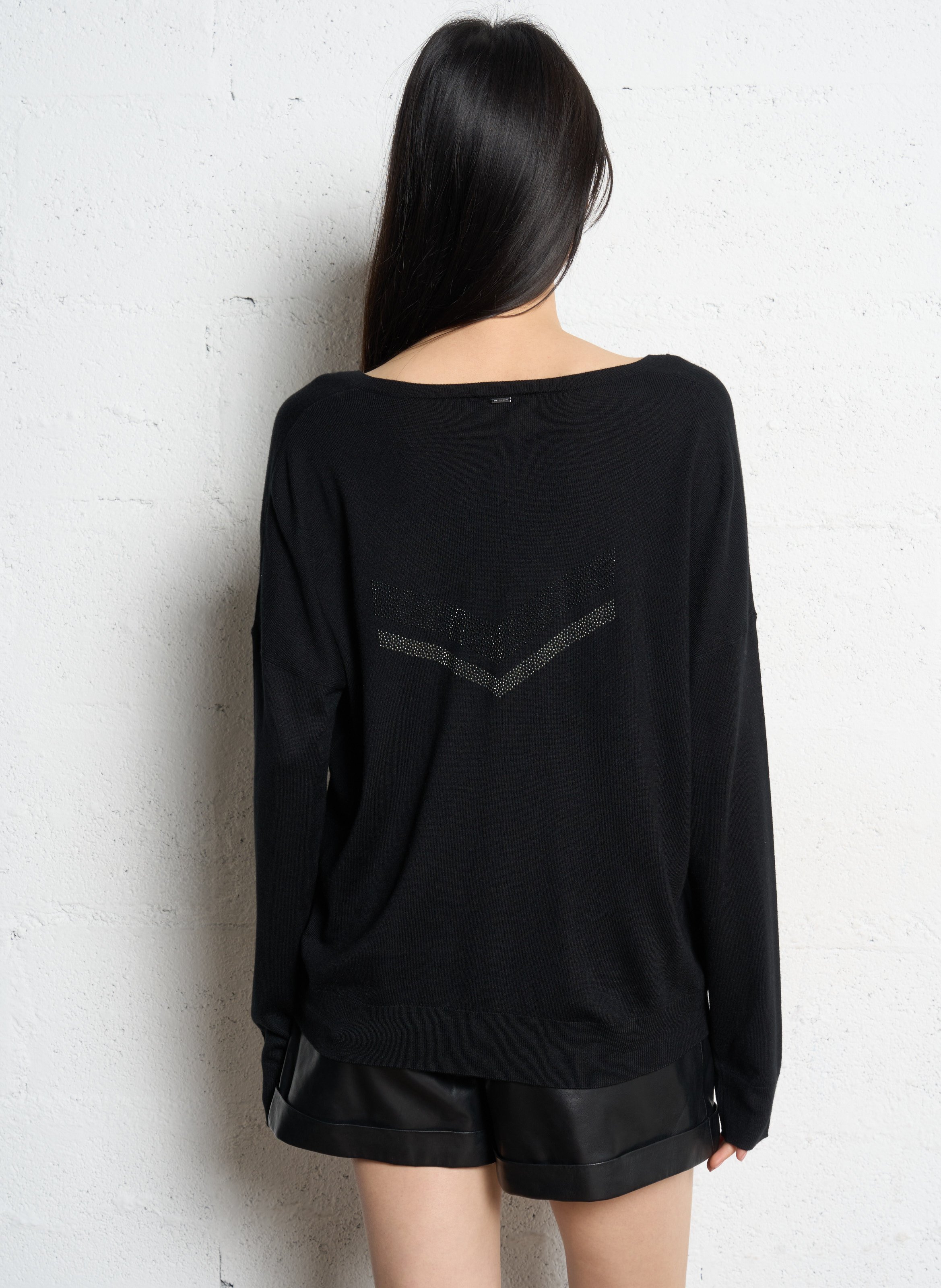 Pull droit col v en maille unie IKKS Noir