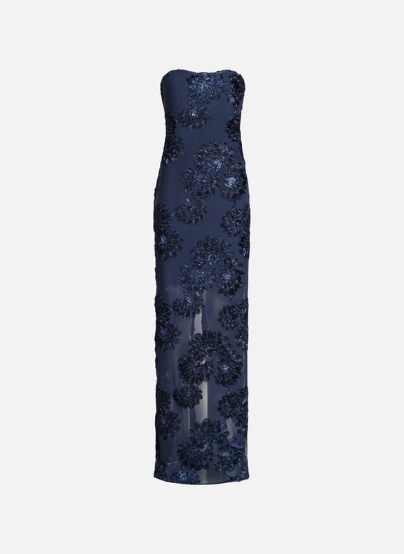 Strapless long dress in 3D knit fabric Blue by ROTATE ROTATE Strapless long dress in 3D knit fabric Blue