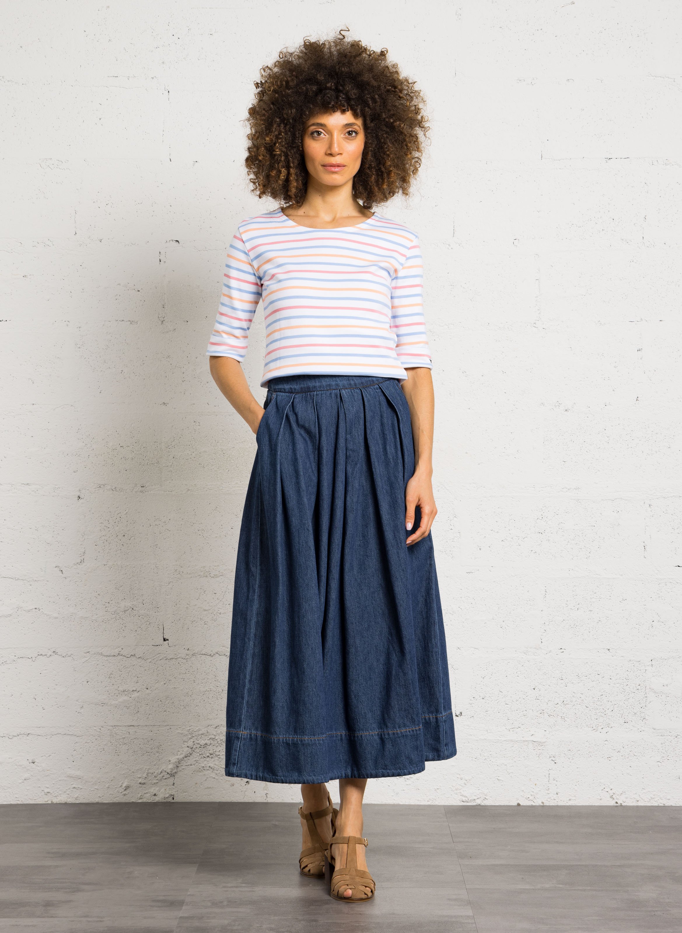 Tee-shirt col rond à rayures en coton ARMOR-LUX Blanc