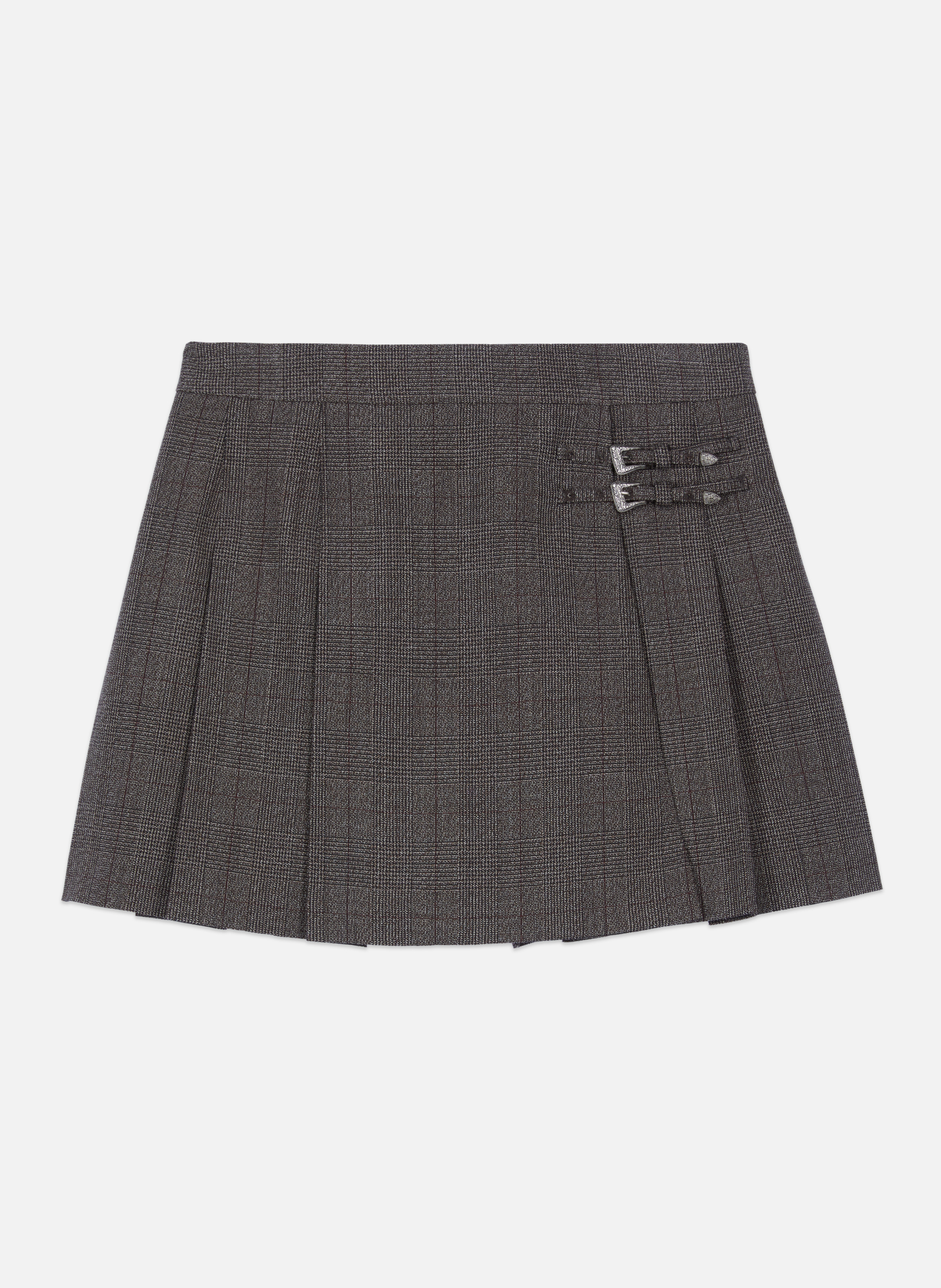 Jupe portefeuille courte prince de galles plissée en laine THE KOOPLES Marron