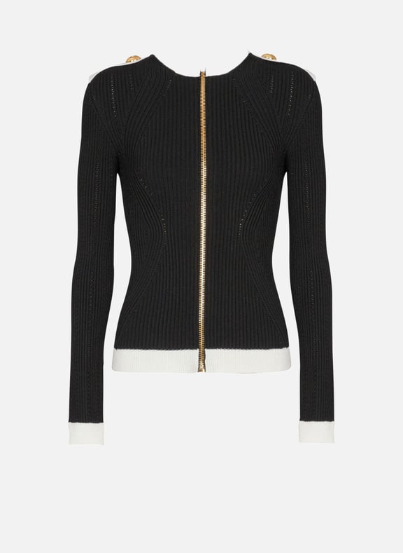 Cardigan zippé en maille à col montant Noir by BALMAIN BALMAIN Cardigan zippé en maille à col montant Noir