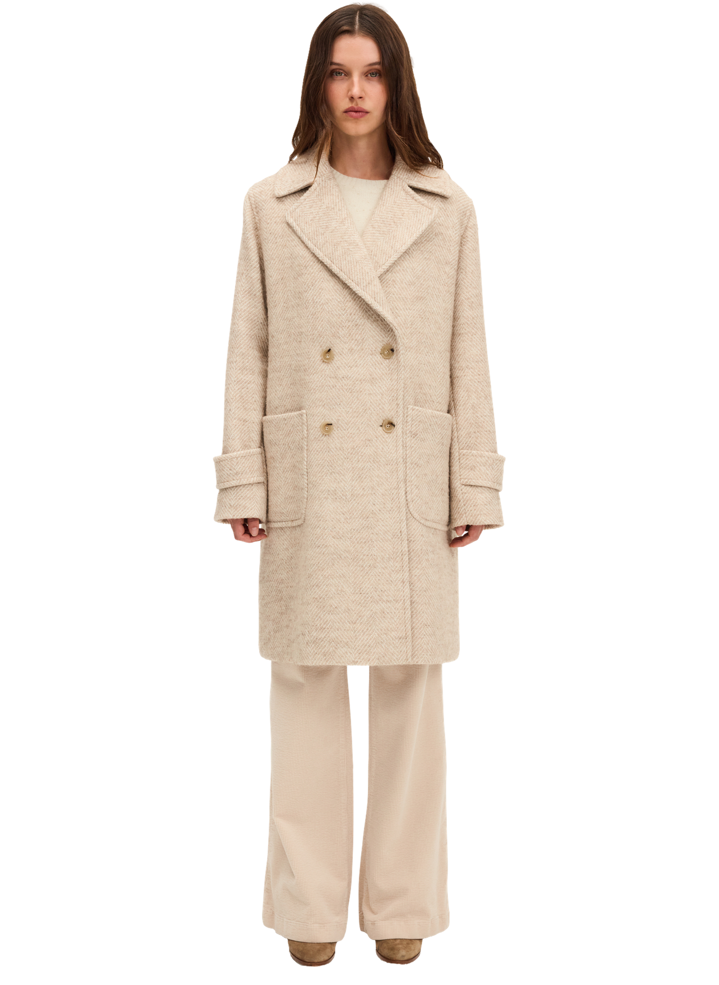 Manteau ample croisé à chevrons madlyn Beige Pablo Femme - Main Image