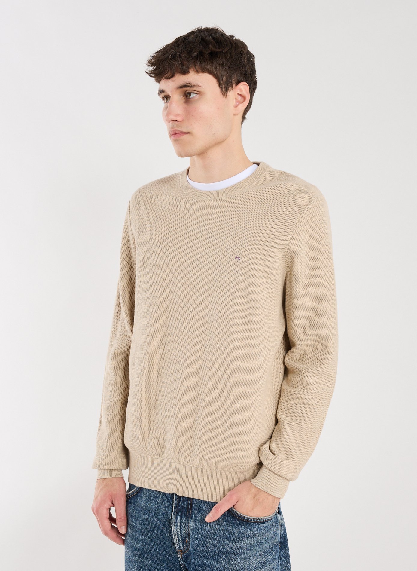 EDEN PARK Pull col rond à broderie en coton Beige