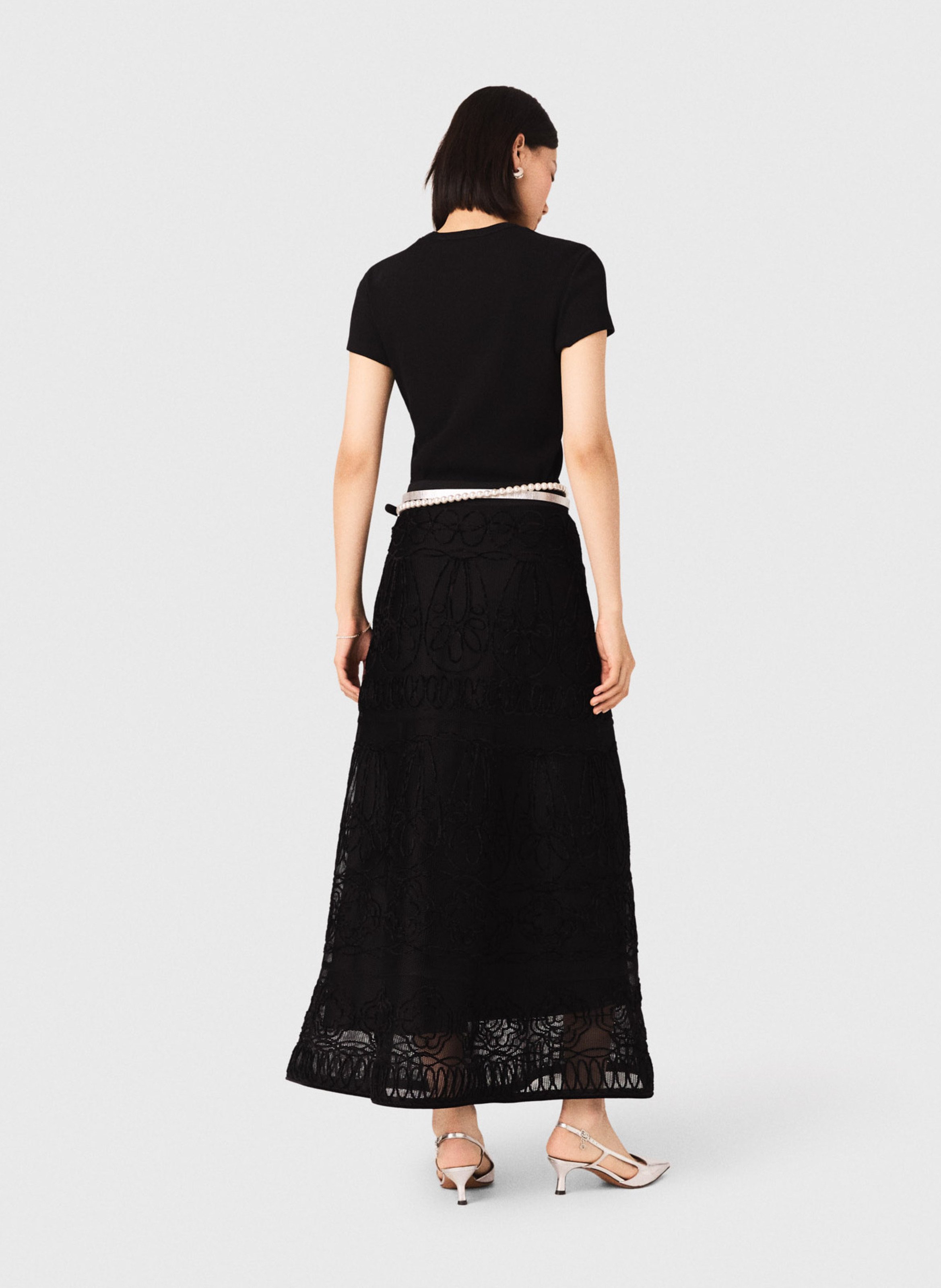 Jupe longue à broderies florales MAJE Noir