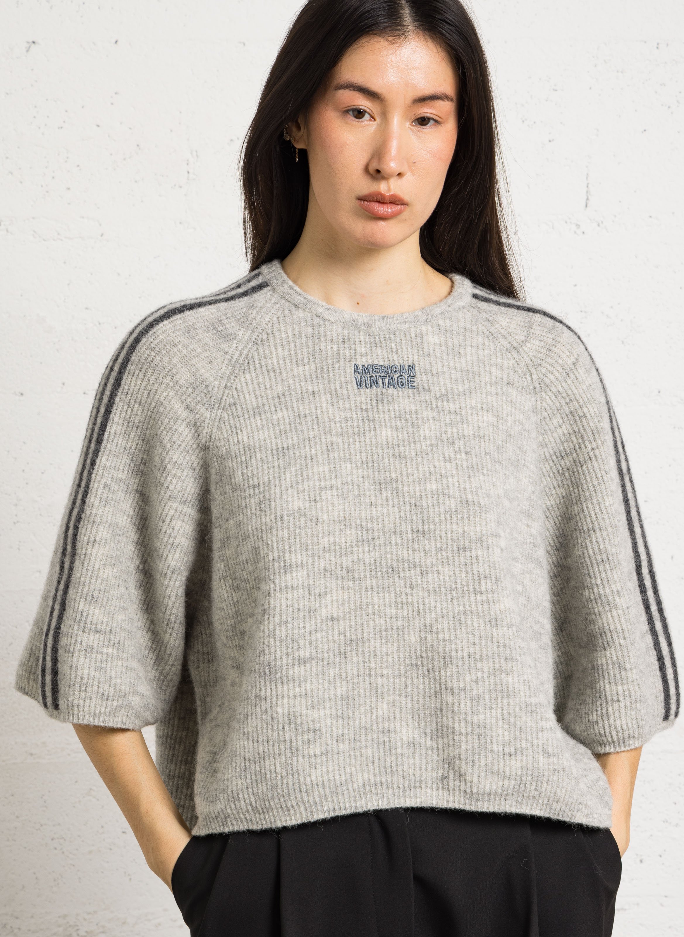 Pull ample col rond brodé en alpaga mélangé vitow AMERICAN VINTAGE Gris
