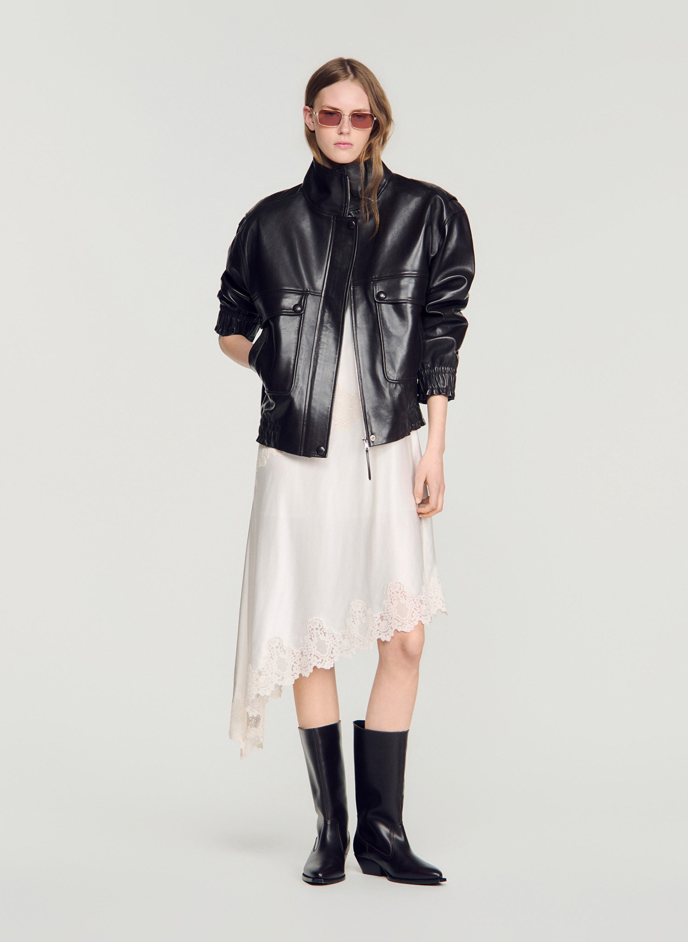 Veste en cuir col montant SANDRO Marron