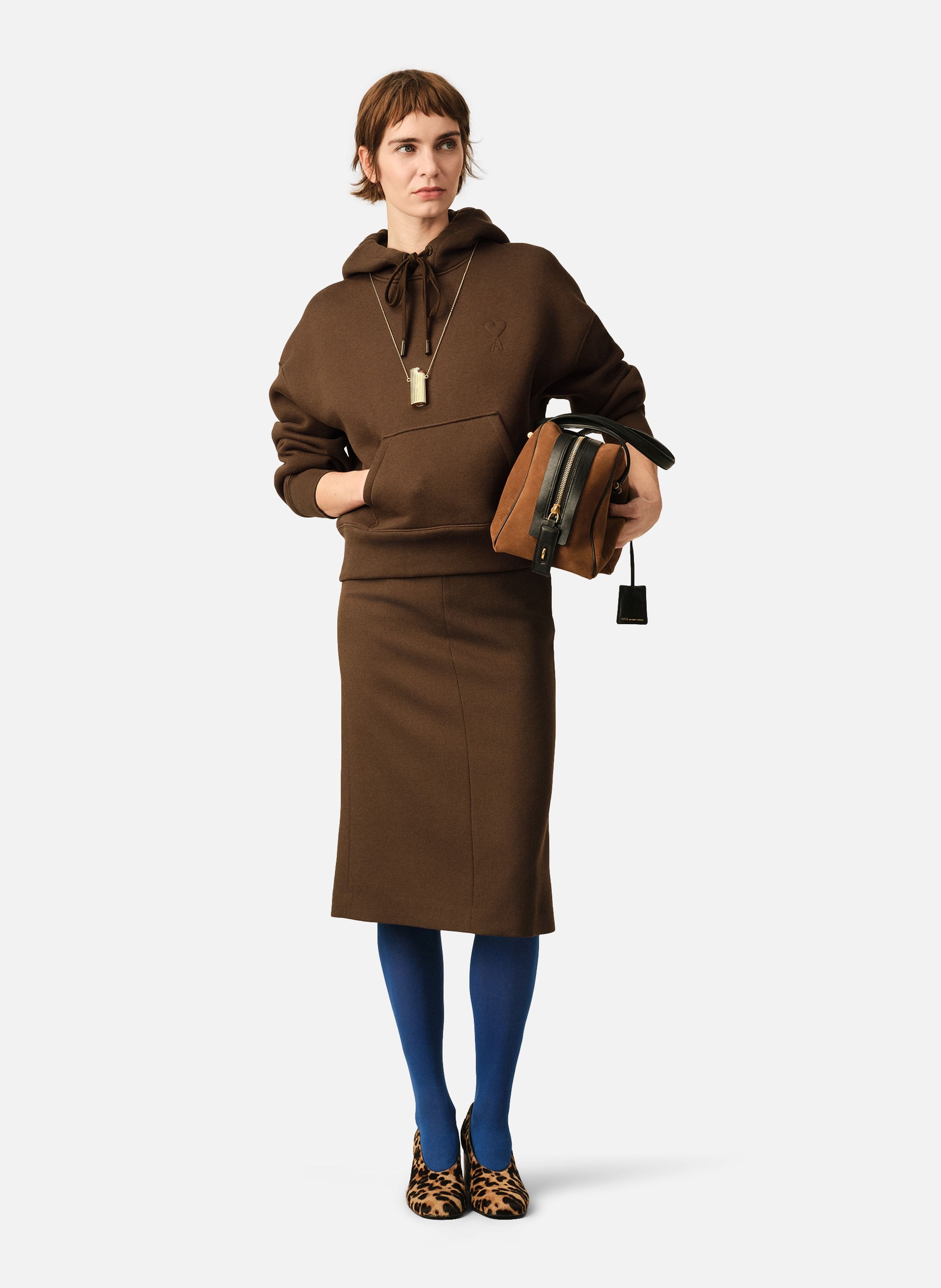 Jupe crayon ceinturée en laine AMI PARIS Marron