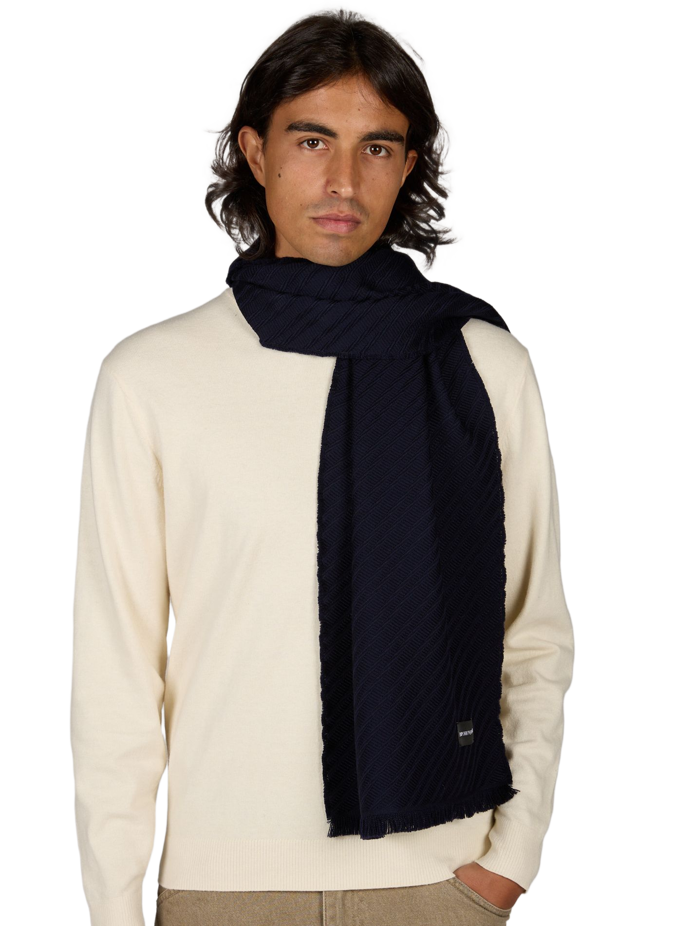 Striped wool scarf with frayed edges EMPORIO ARMANI Blue