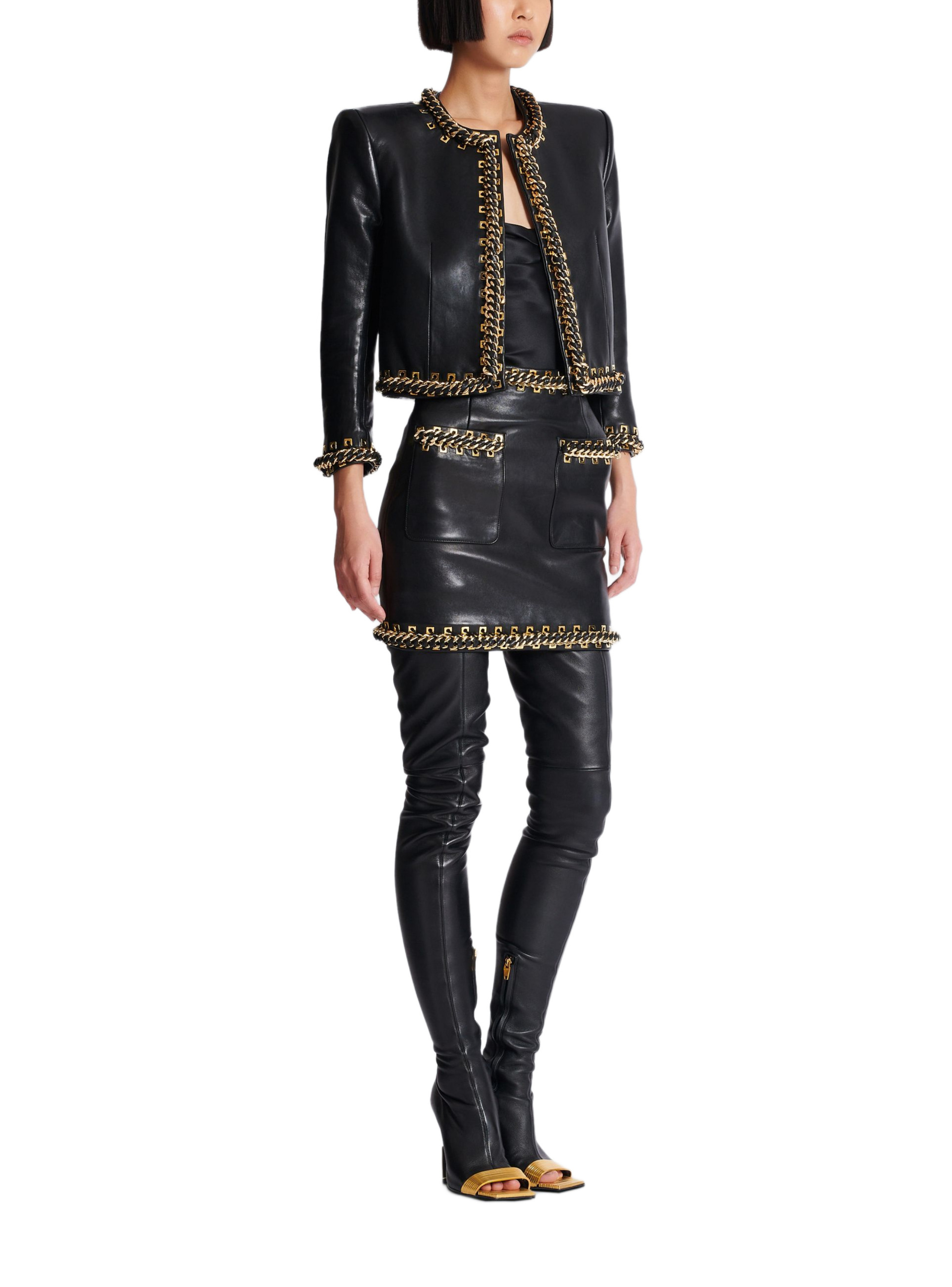 Veste bord à bord en cuir d'agneau avec chaînes BALMAIN Noir