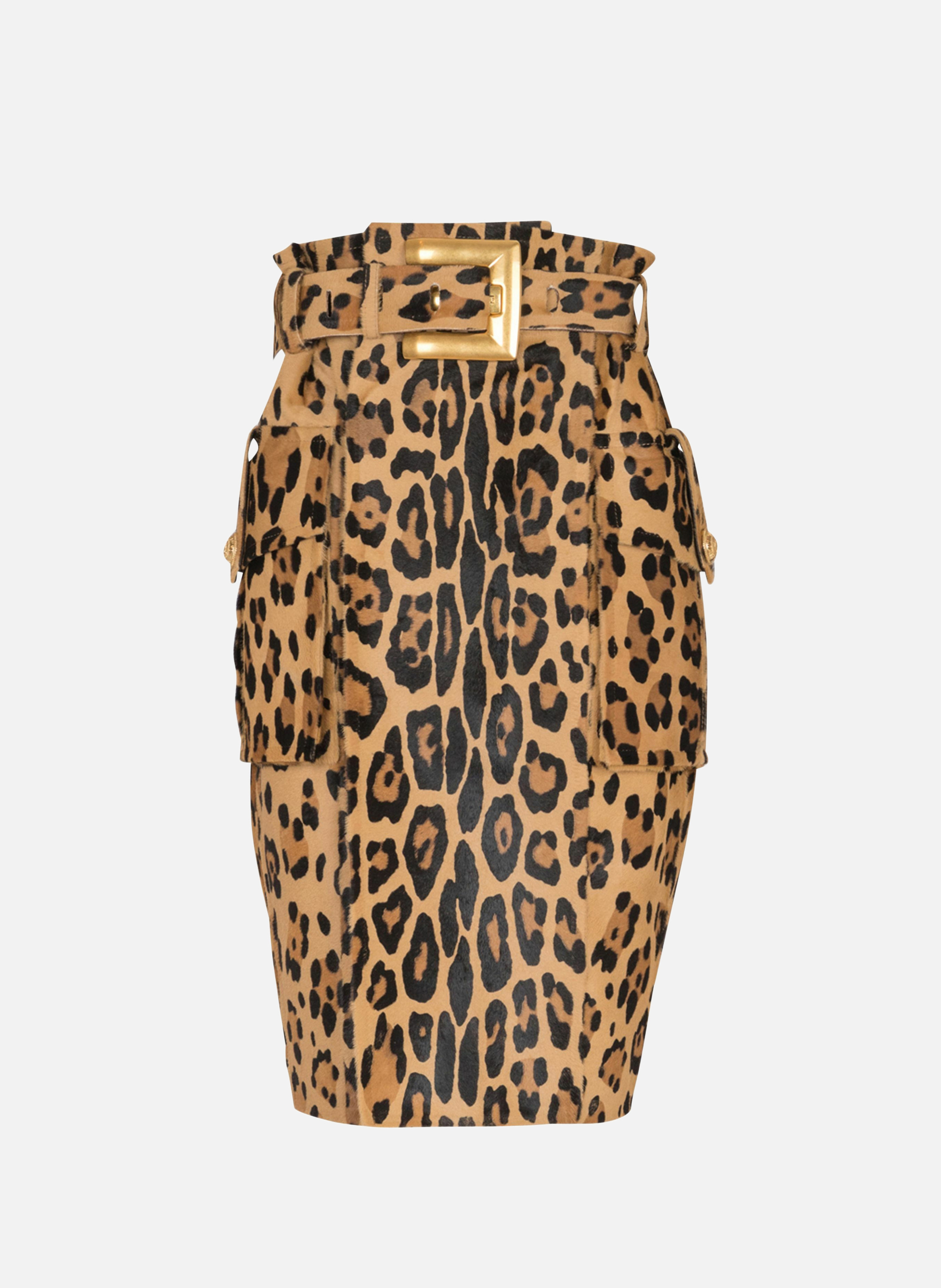 Jupe midi en cuir façon pony imprimé motif léopard BALMAIN Multicolore