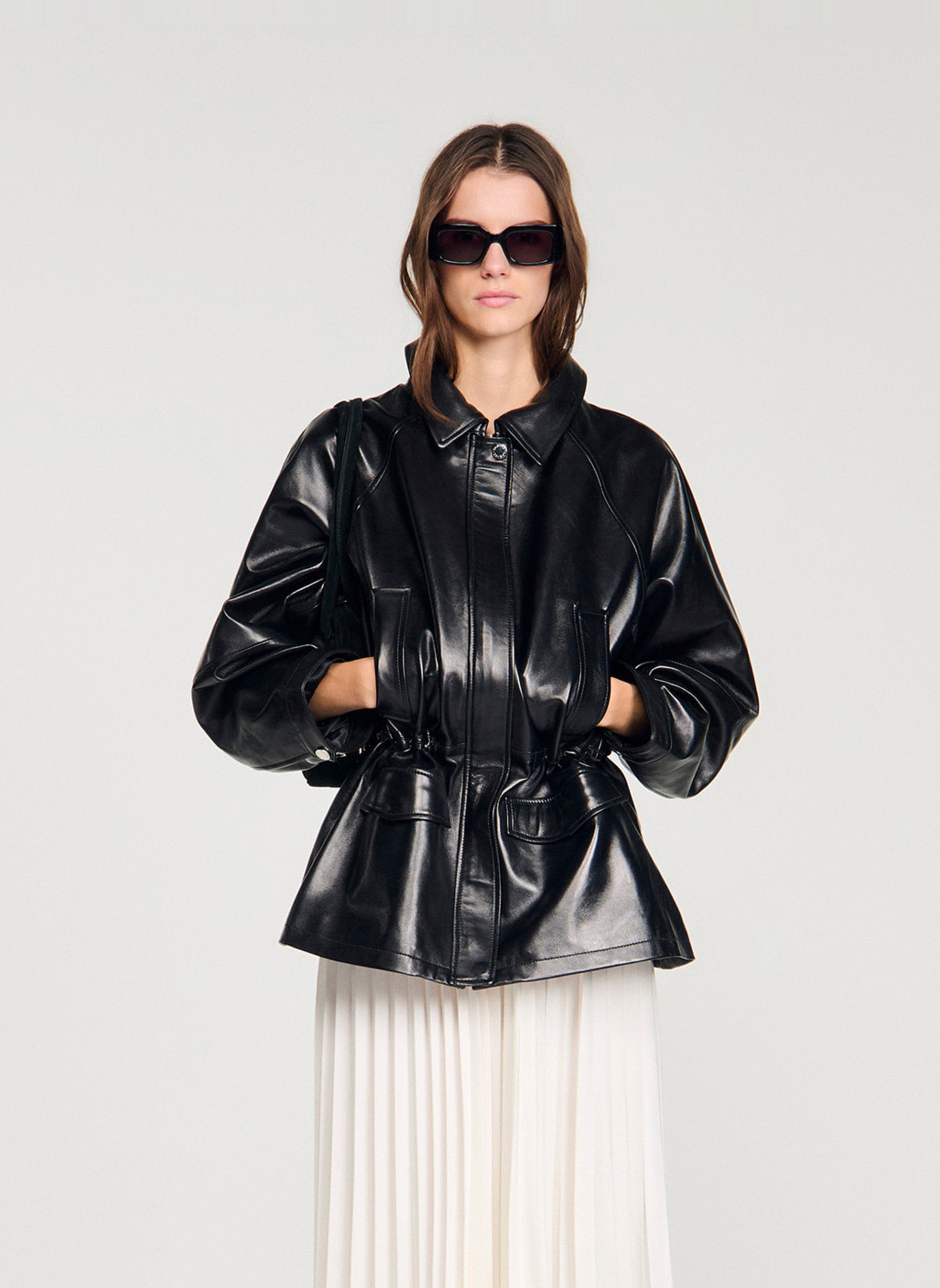 Veste col classique en cuir SANDRO Noir