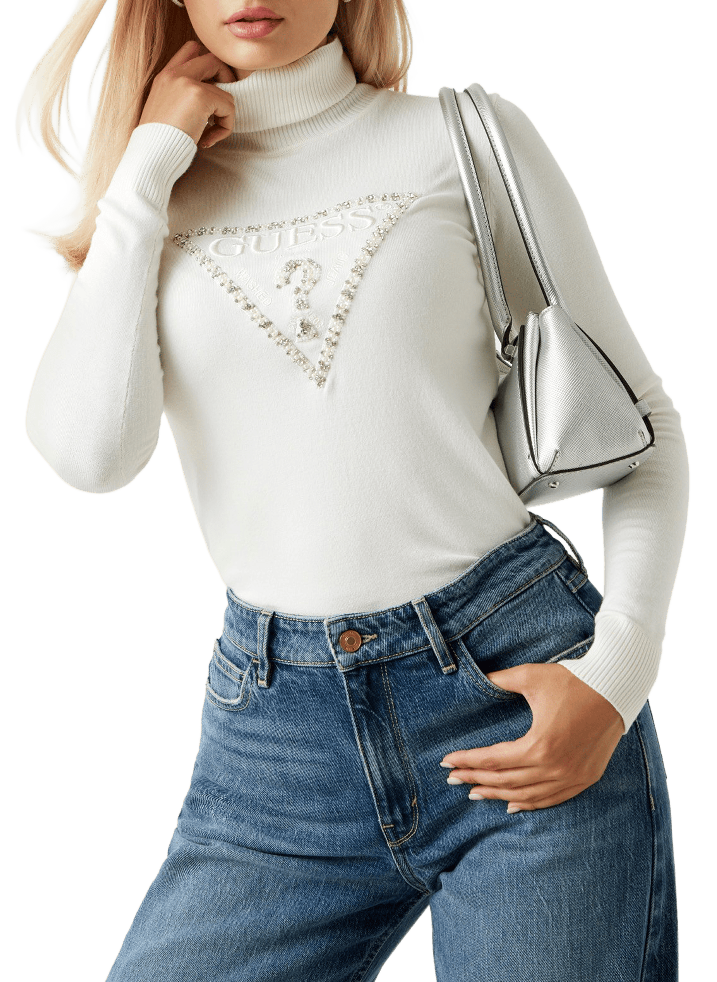 GUESS Pull col roulé brodé Beige