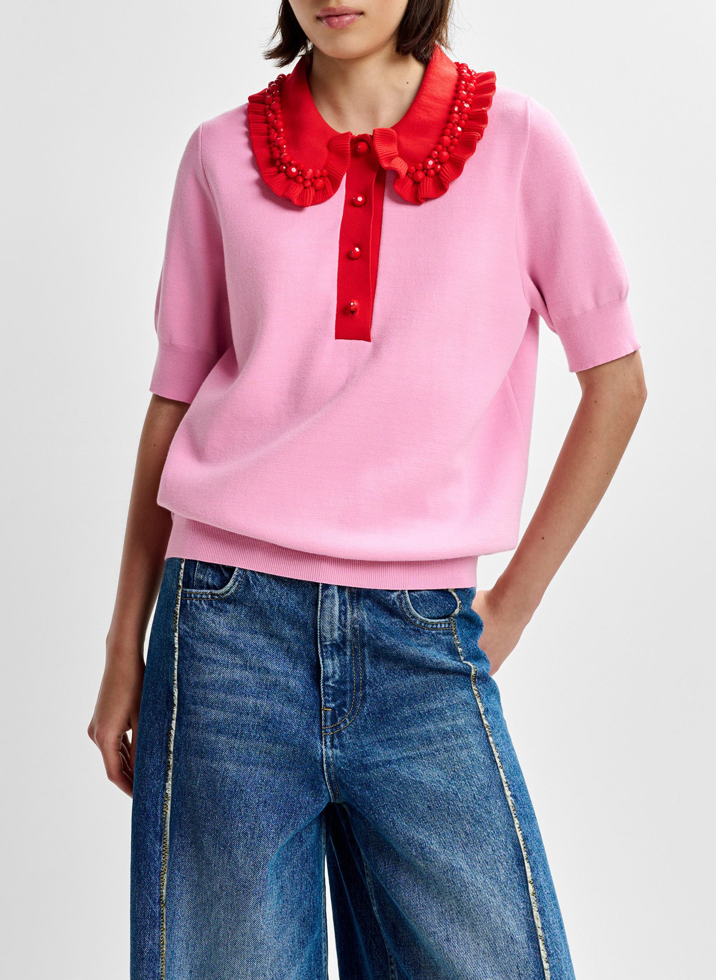 Polo manches courtes uni à volants Jewelry ESSENTIEL ANTWERP Rose