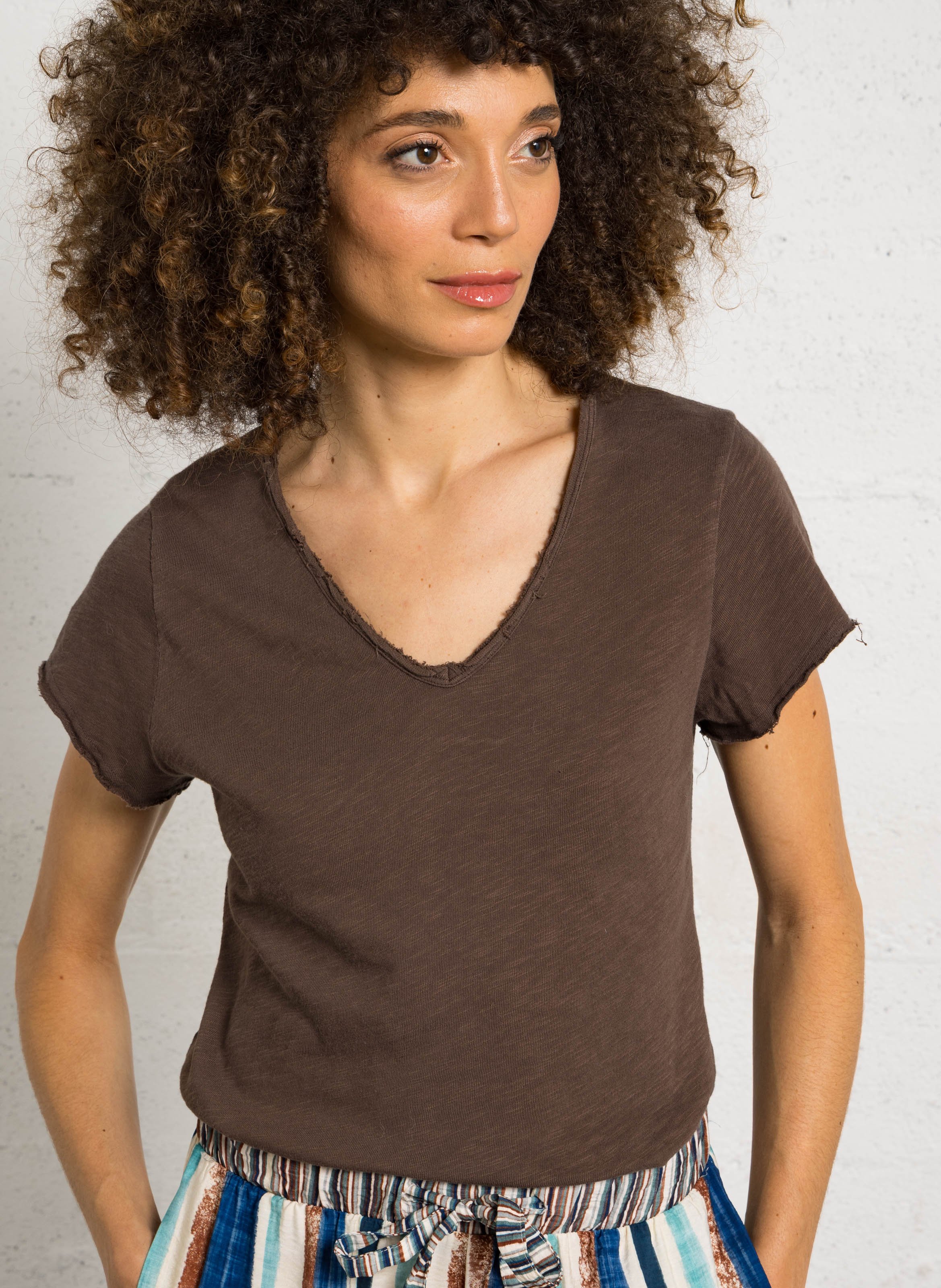 Tee-shirt droit col v en coton sonoma  Chataignier vintage